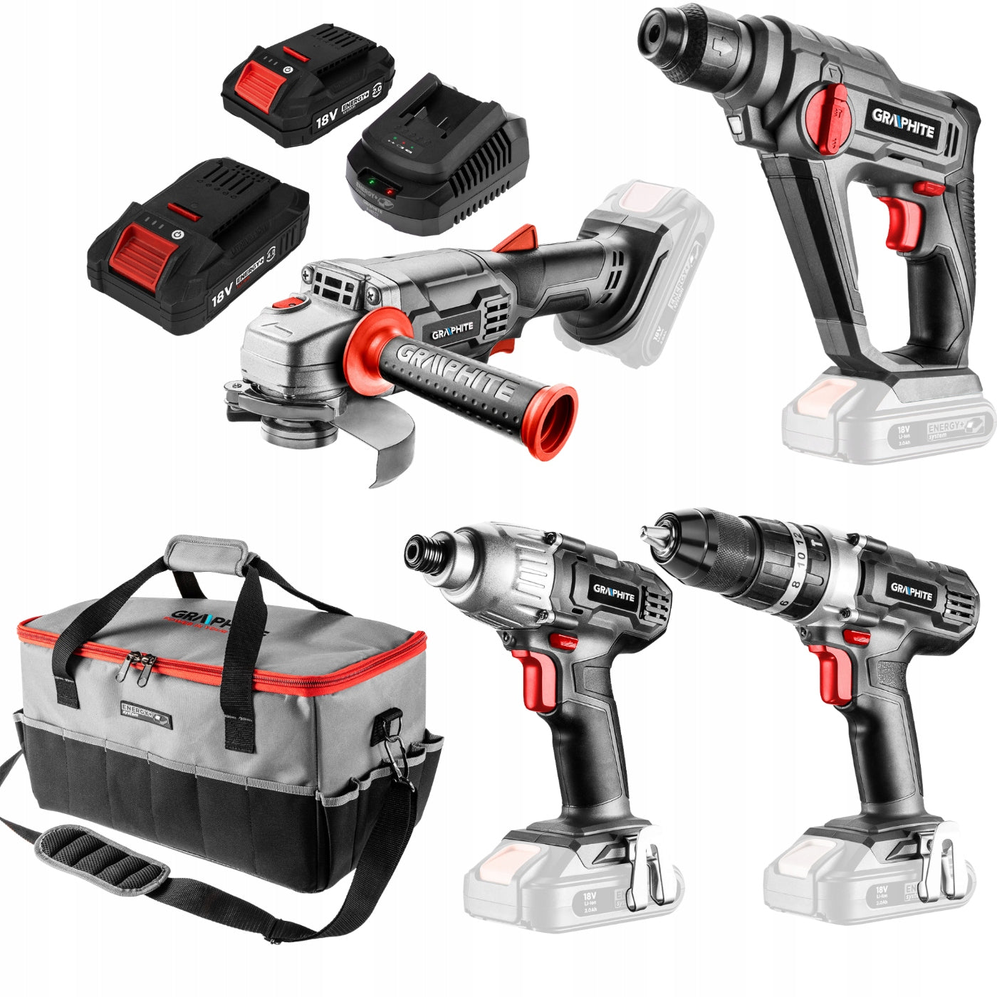 Energy+ Power Tool Kit + 2Ah and 4 Ah Batteries + Charger + Bag