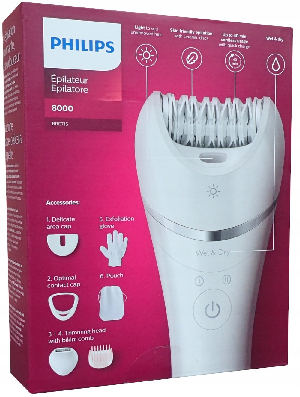 Epilator for Leg Bikini Philips BRE715/00 Wet Dry + 6 accessories Packaging status original