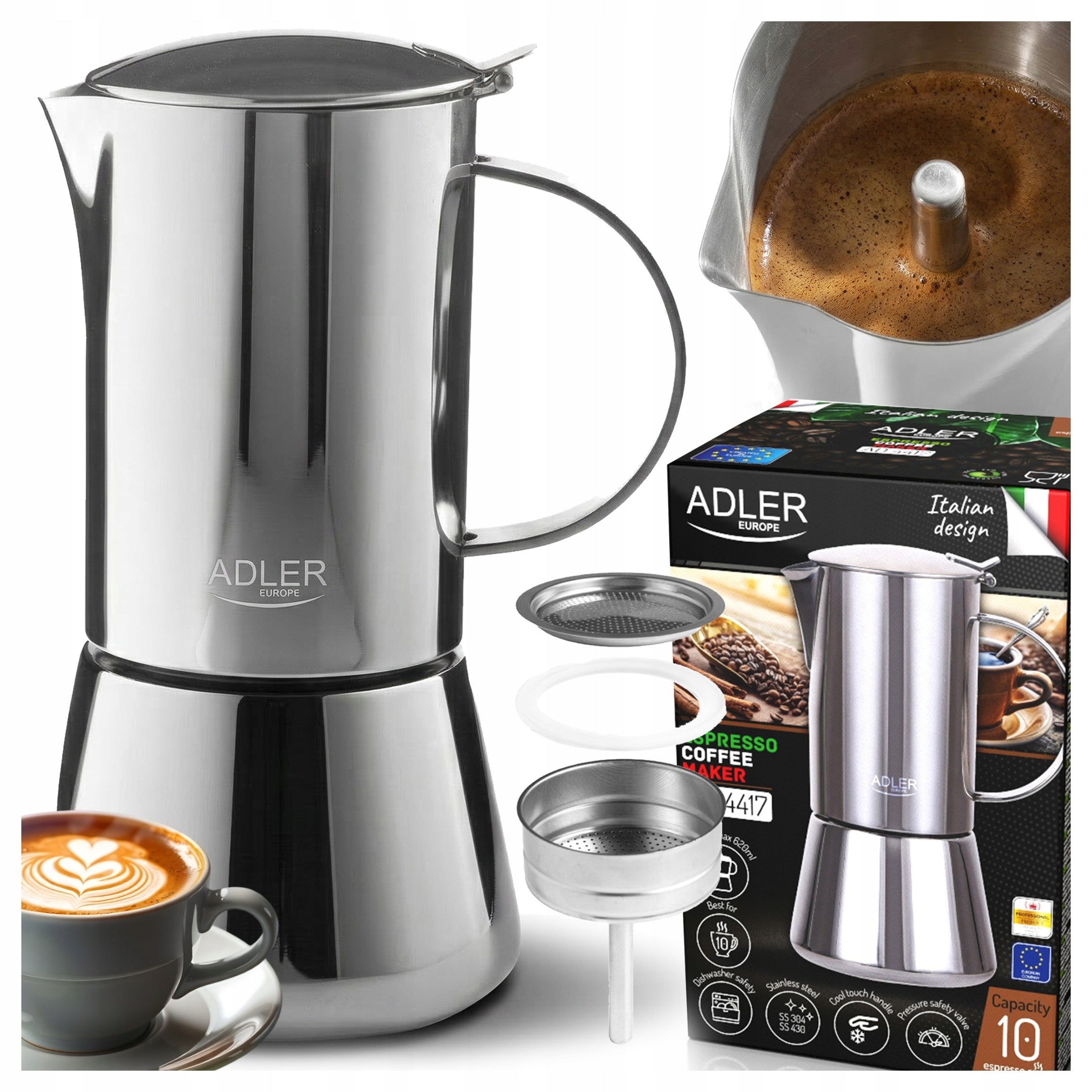 Espresso Coffee Maker - 620ml Induction Stainless Steel