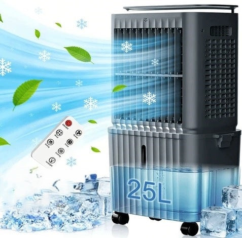 Evaporative air conditioner combines the functions of fan, humidifier
