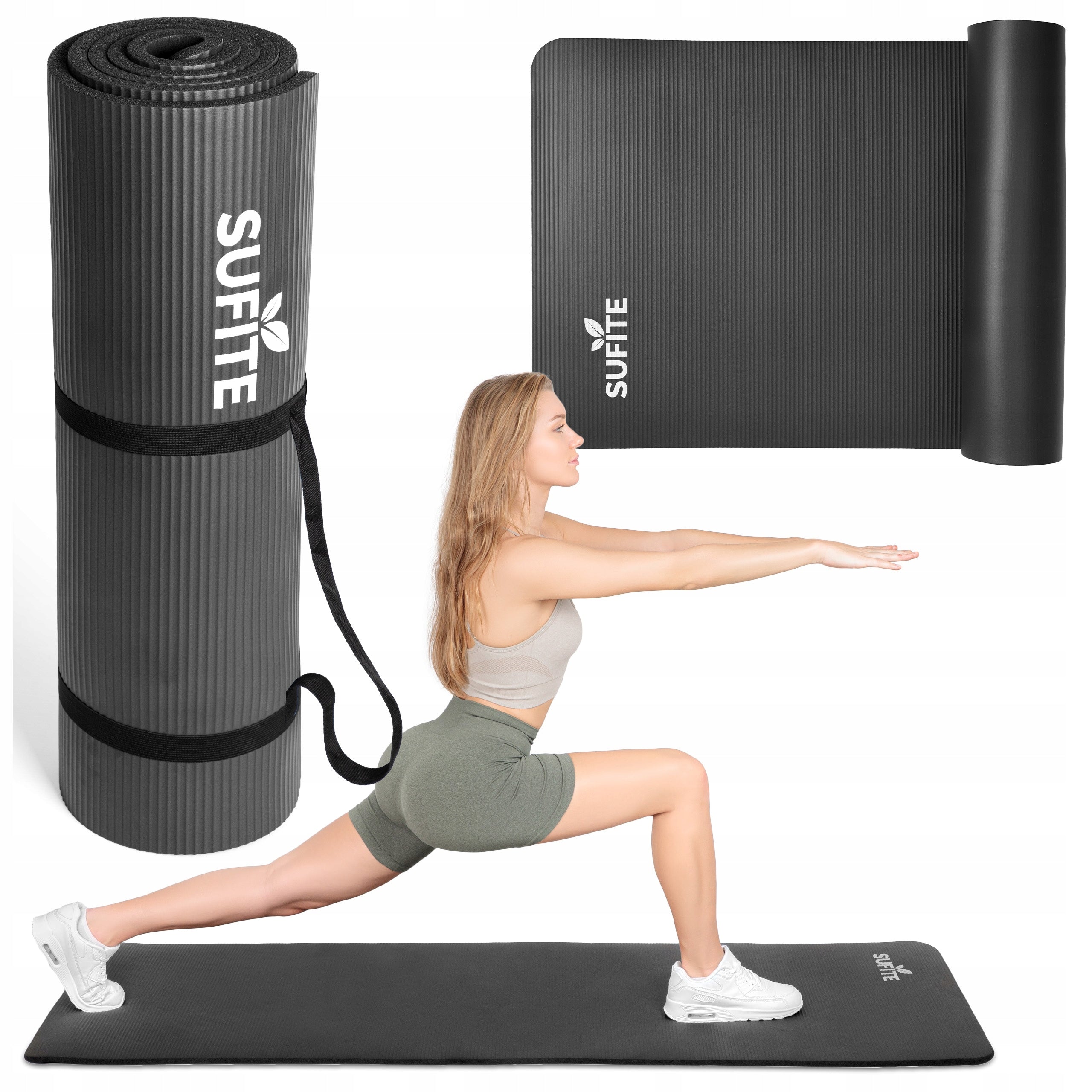 Exercise mat SUFITE black, thick NBR 1,5 cm, yoga and fitness with handle