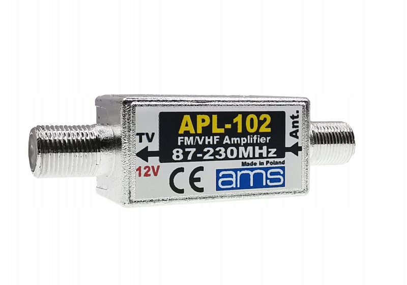 External FM VHF antenna amplifier DAB+ DVB-T2 APL-102e 25 dB 12V AMS Brand AMS