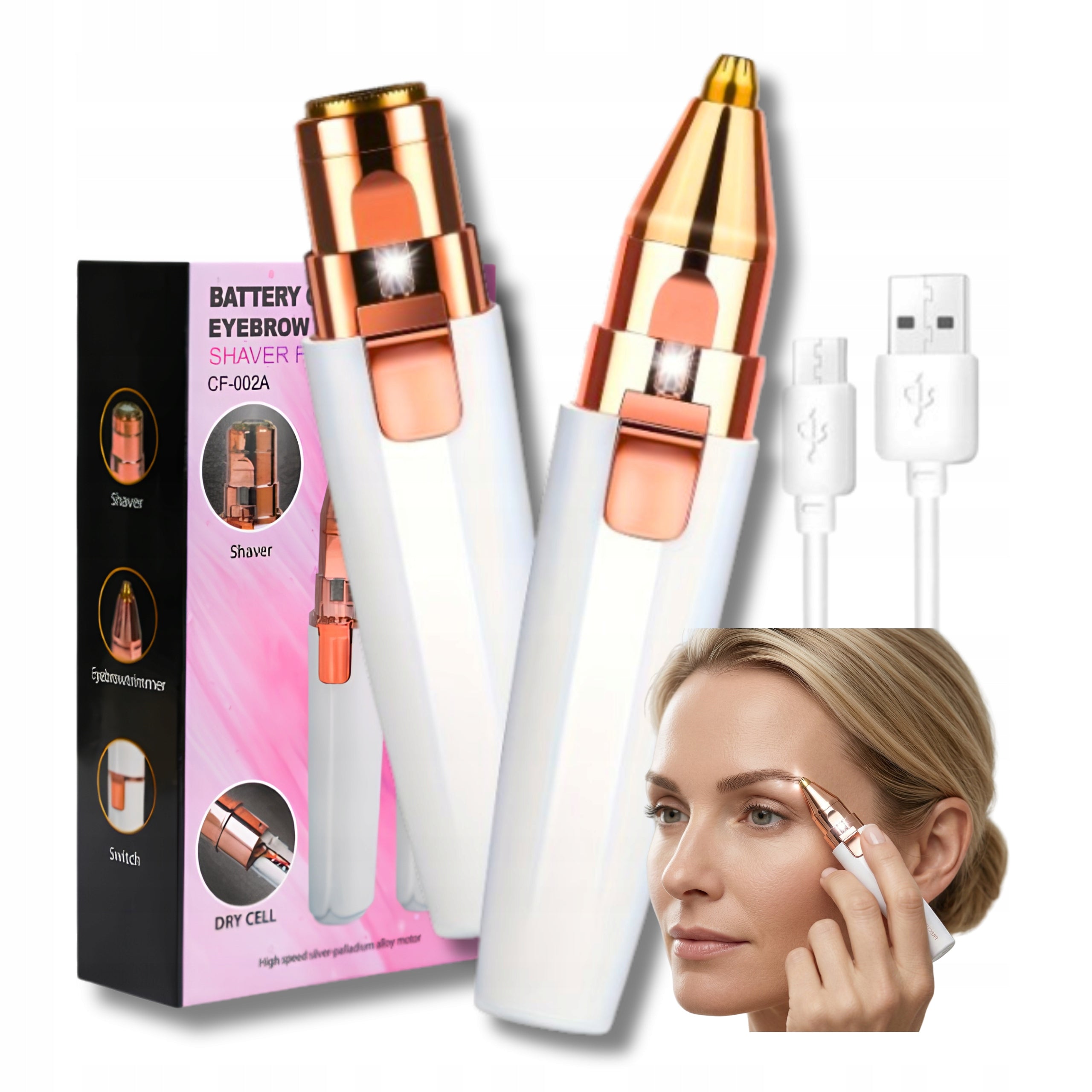 Eyebrow Epilator Face Trimmer for Women USB+2 Tips + LED + Cable