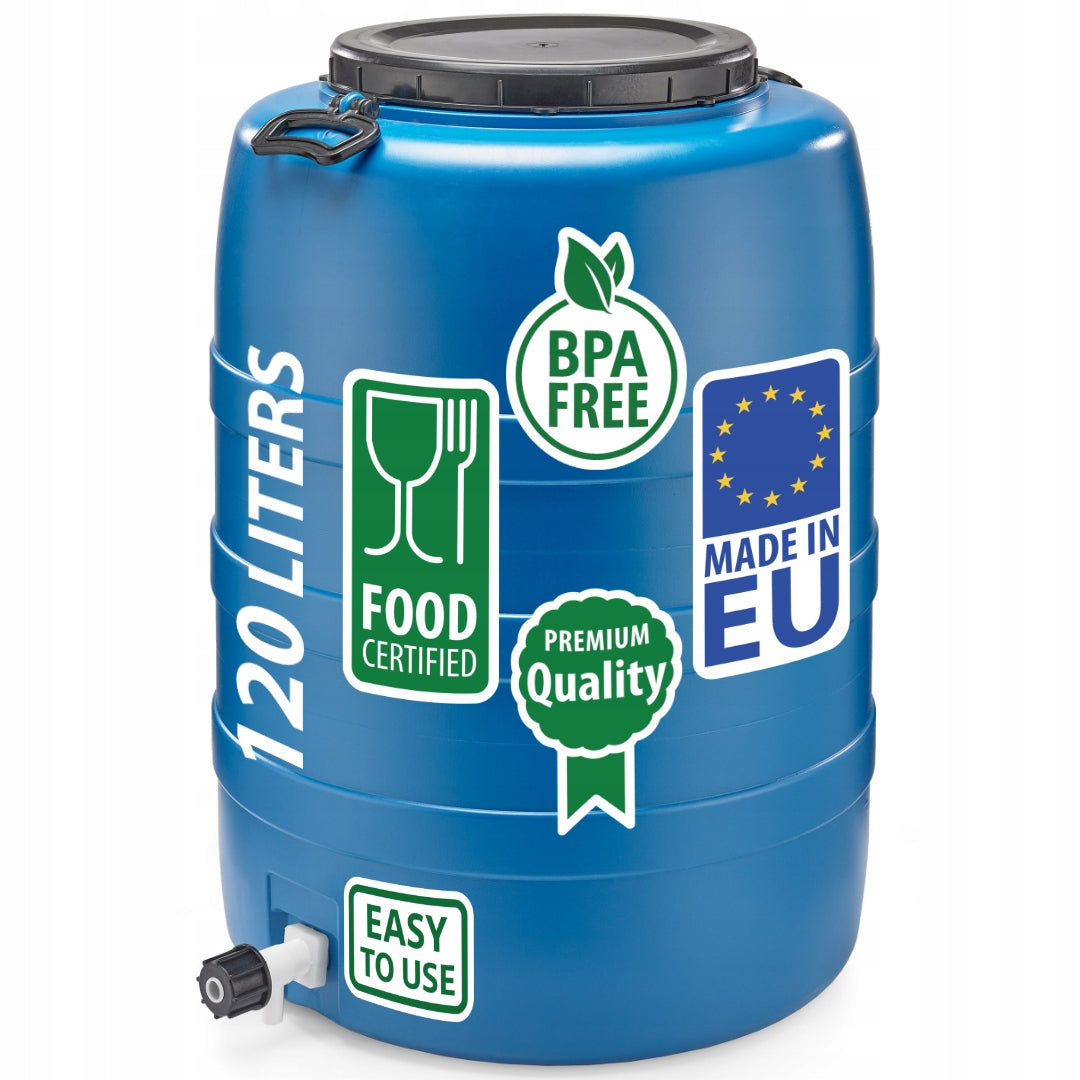 F&R PLASTIC BARREL 120L FOR WATER WITH HANDLES AND TAP BLUE Manufacturer code FR0862