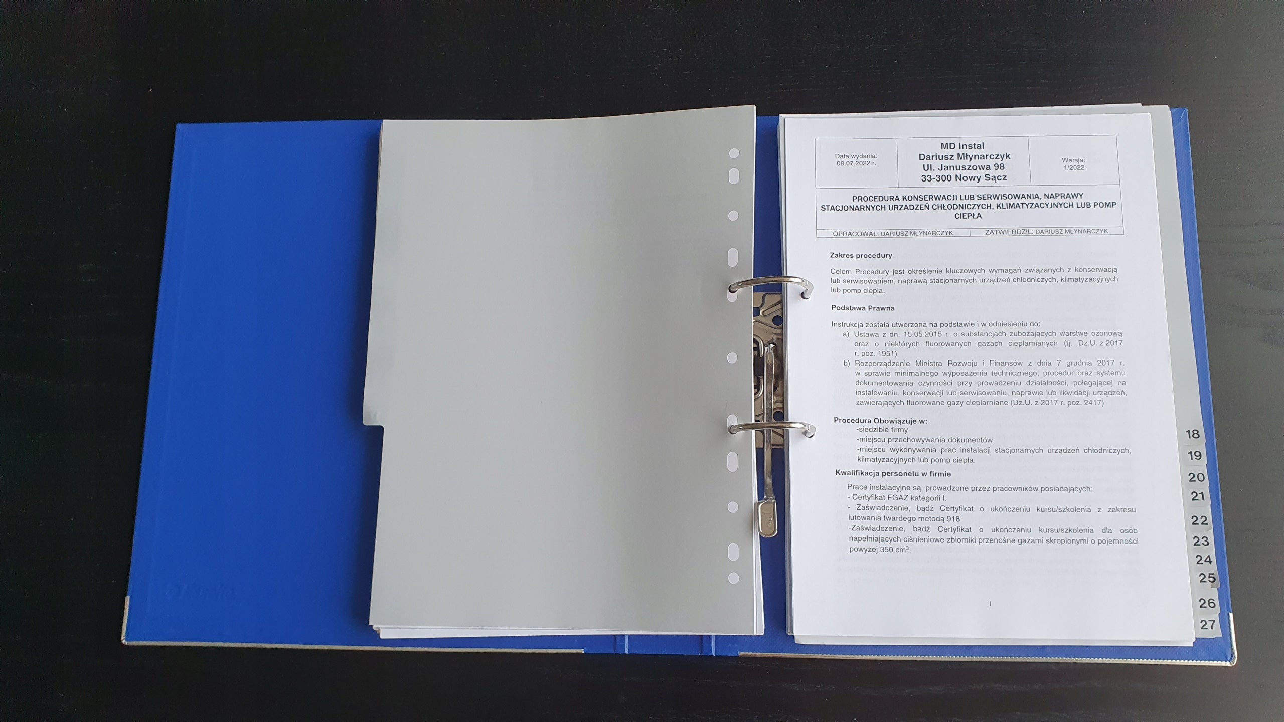 F-gas procedures 2026 under UDT for the certificate for the company KOMPLET Manufacturer code Procedury F-gaz