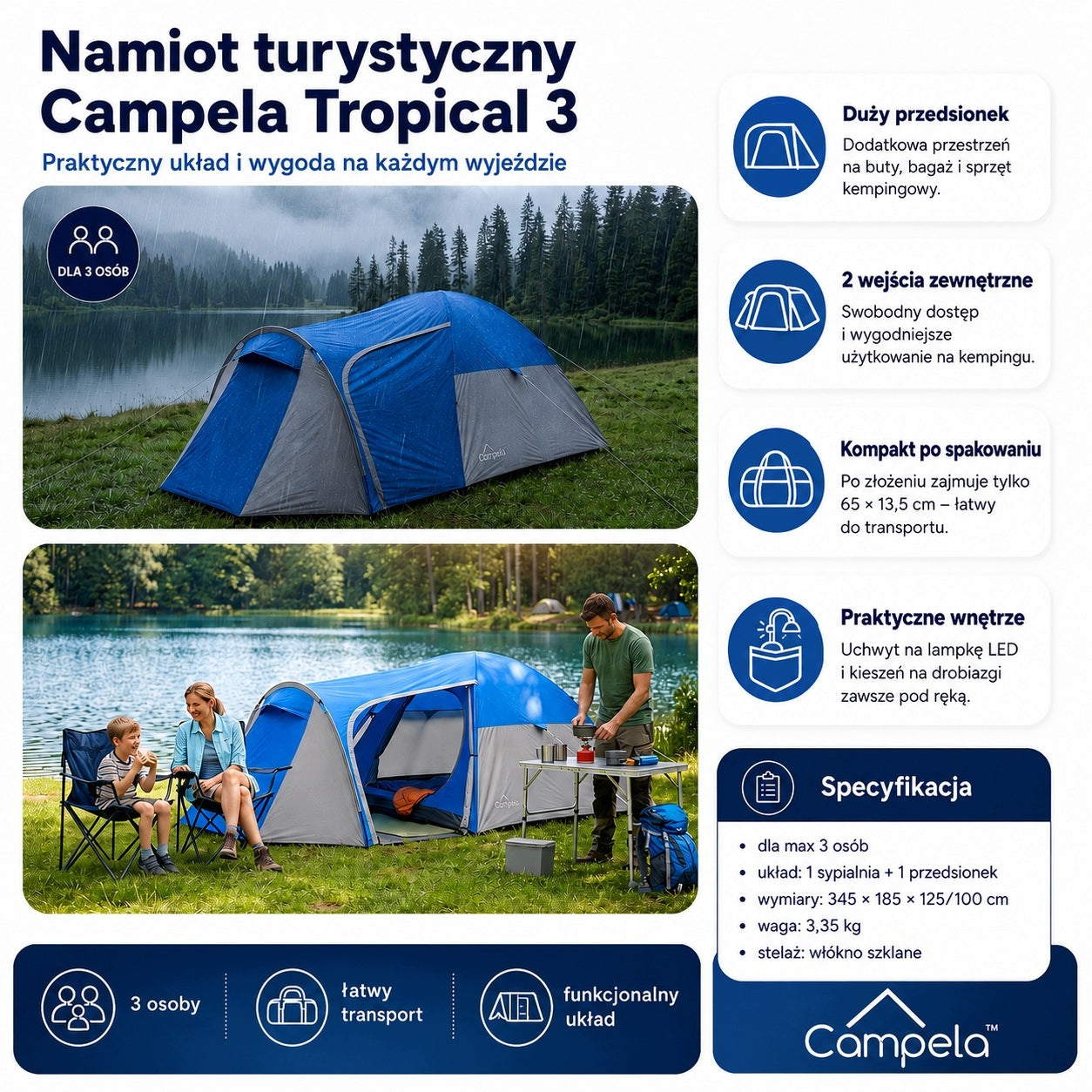 FAMILY TENT FOR THREE-PERSON CAMPING WITH TOURIST VESTIBULE 345x125 Packaging status original