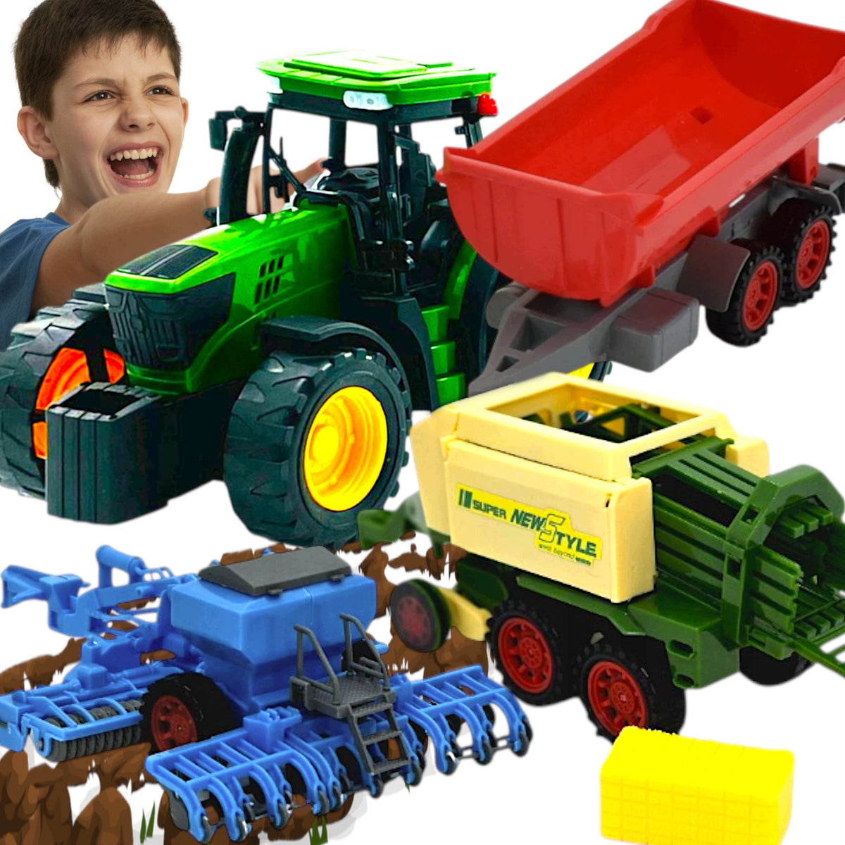 FARM SET TRACTOR JOHN DEERE +PRESS +CULTIVATOR +GRAIN TRAILER