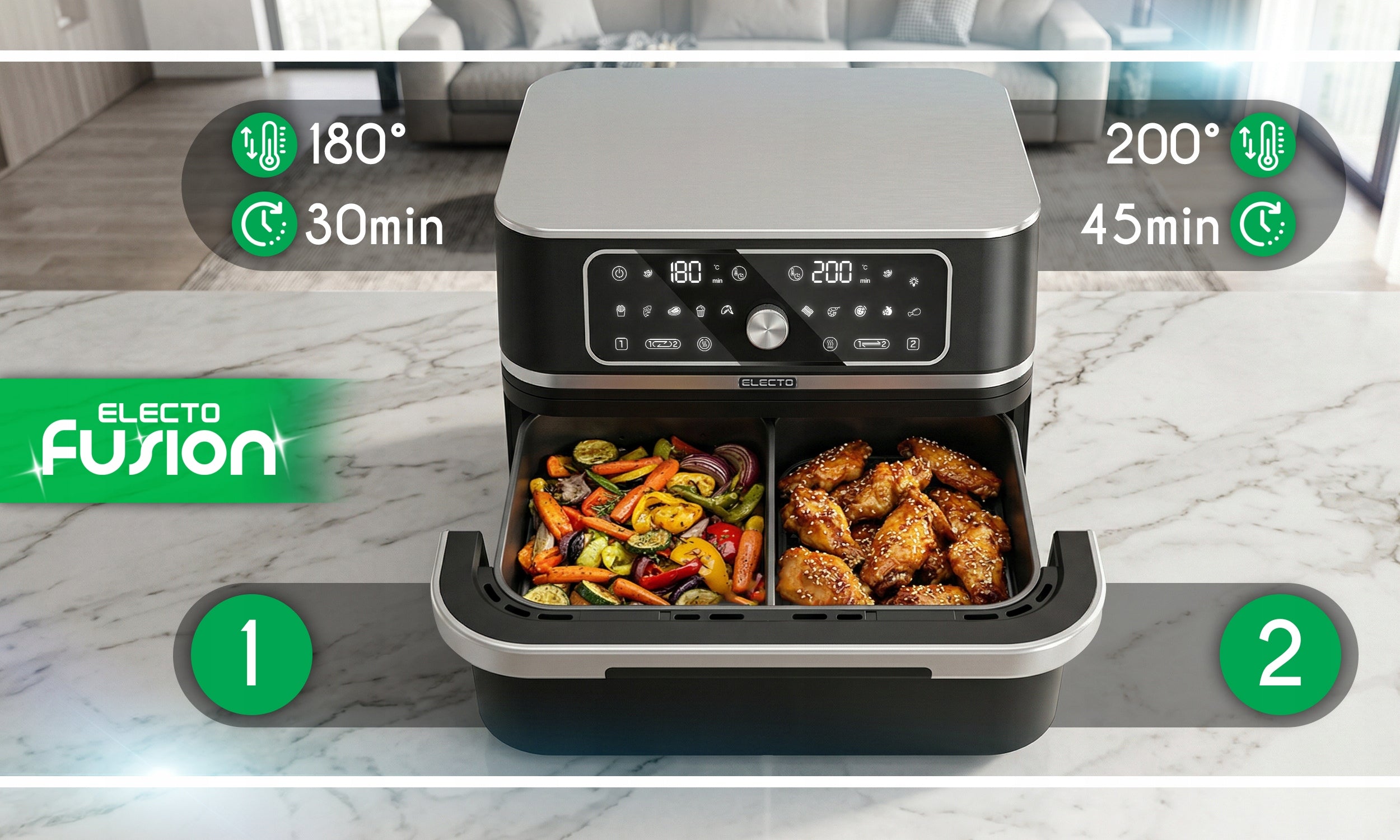 FAT FREE AIR FRYER 3100w LARGE 10L FRYER 12 PROGRAMS Power 3100 W