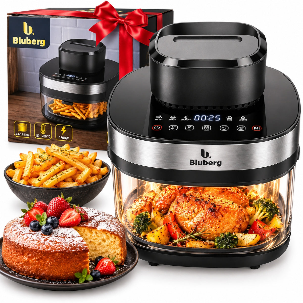 FAT-FREE AIR FRYER BLUBERG BB-3104 1500W 2 INTERCHANGEABLE BOWLS 1,4L + 3,8L Packaging status original