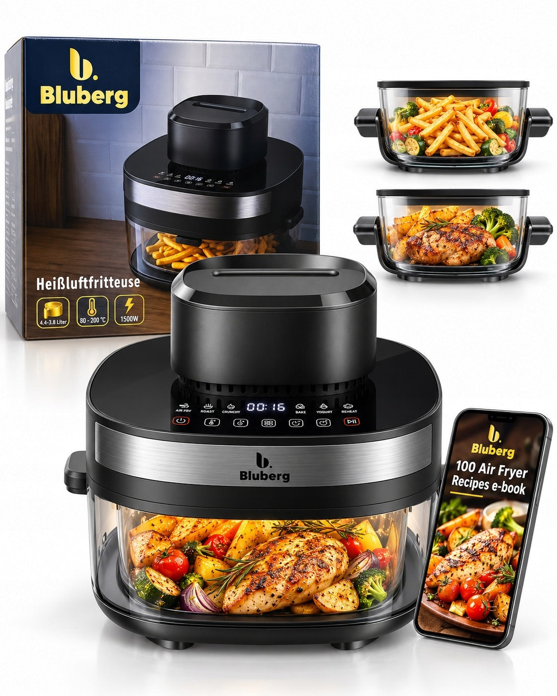 FAT-FREE AIR FRYER BLUBERG BB-3104 1500W 2 INTERCHANGEABLE BOWLS 1,4L + 3,8L