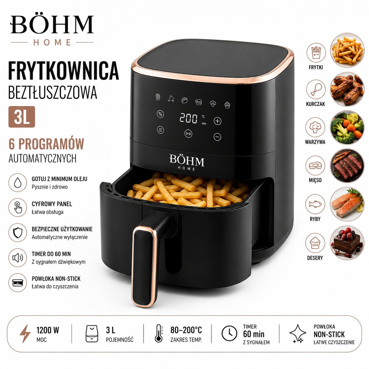 FAT-FREE AIR FRYER BOHM BDY-AF601R 1200 IN 3 L DIGITAL CONTROL.