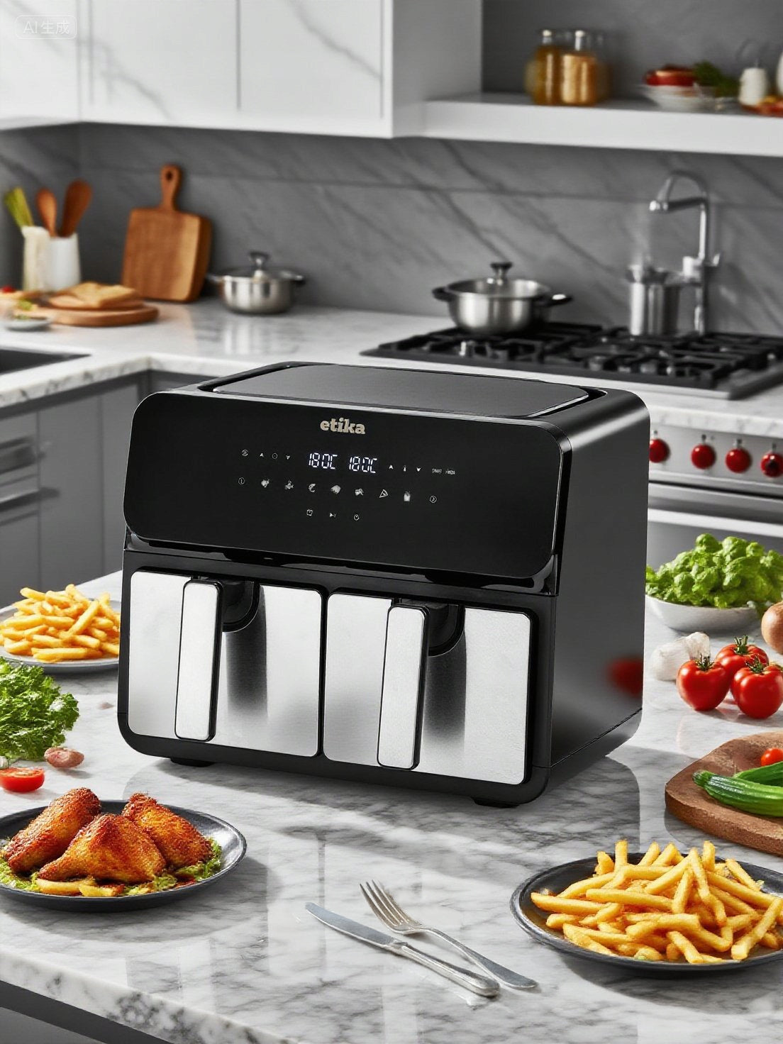 FAT FREE AIR FRYER DOUBLE CHAMBER AIR FRYER 9L 1700W LARGE XL Bowl volume 9 l