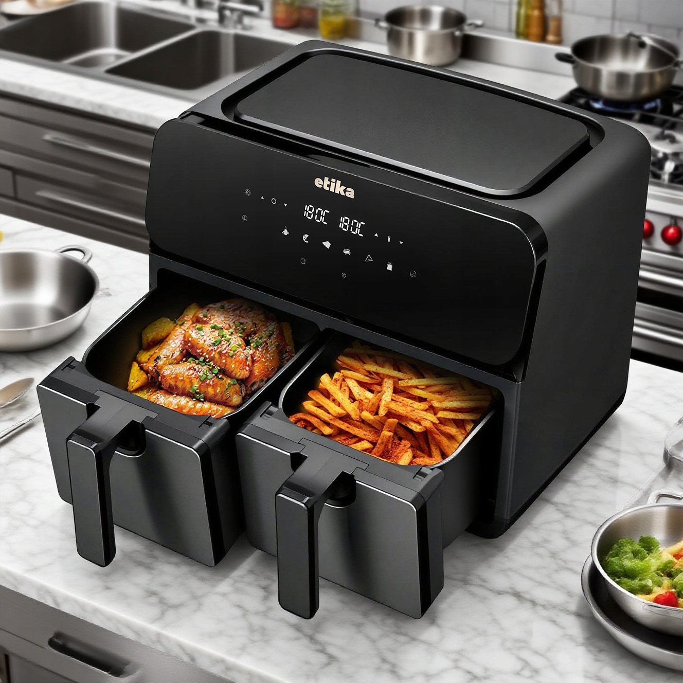 FAT FREE AIR FRYER DOUBLE CHAMBER AIR FRYER 9L 1700W LARGE XL Model ET02
