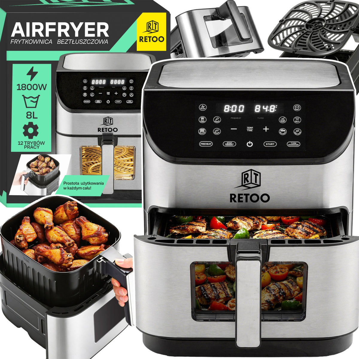 FAT FREE AIR FRYER LARGE BOWL 8L XXL STRONG 1800W