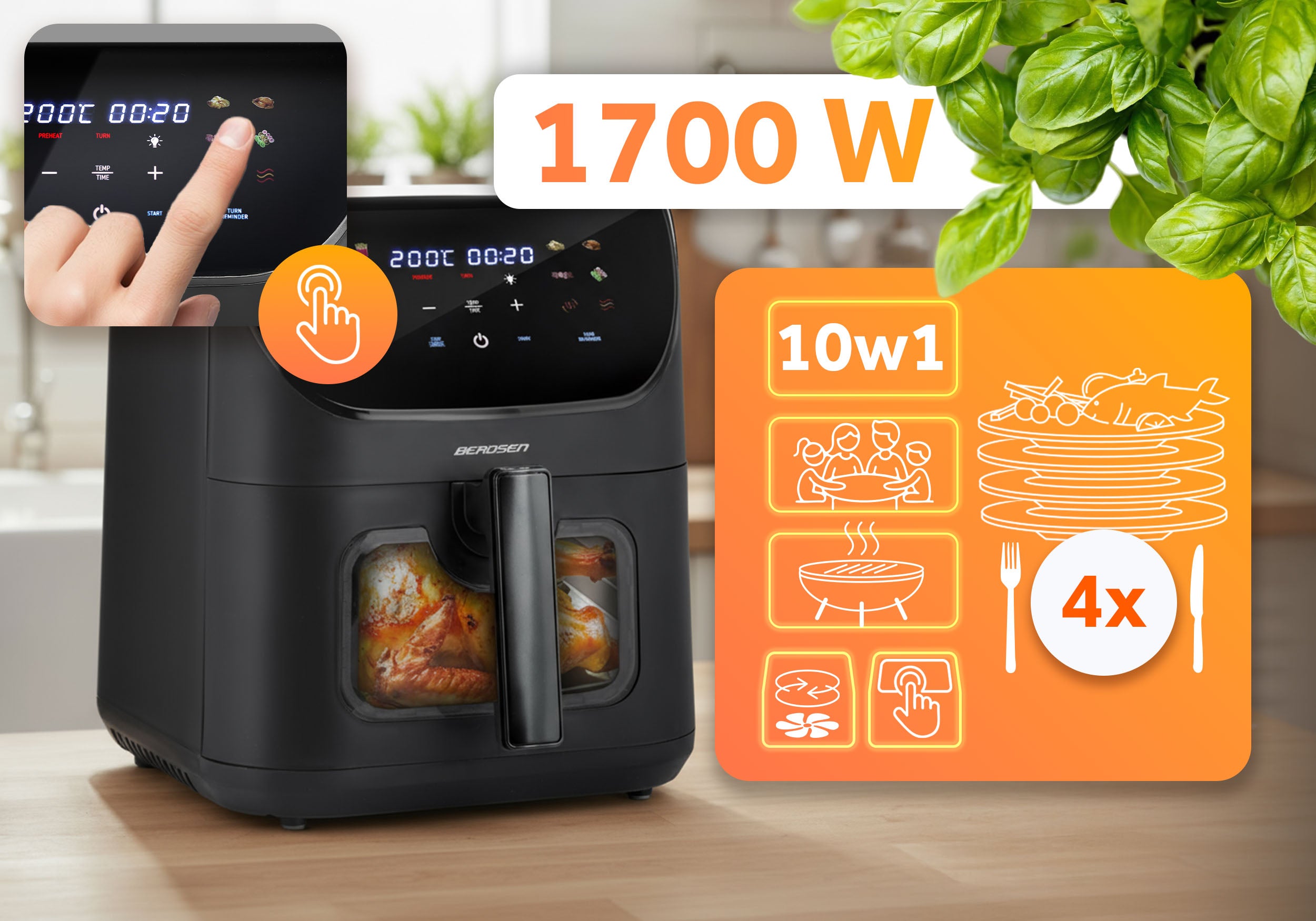 FAT FREE AIR FRYER XL AIR FRYER LARGE AIR FRYER 8L BERDSEN 1700W Manufacturer code 366000