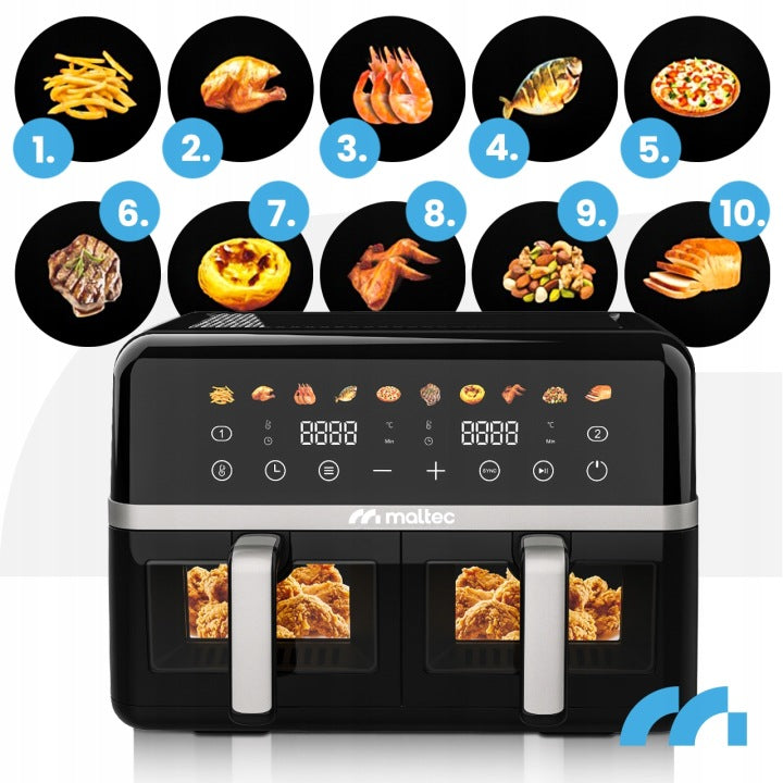 FAT FREE FRYER 10L AIR FRYER TWO CHAMBER FRYER 2800W TRAYS Brand Maltec