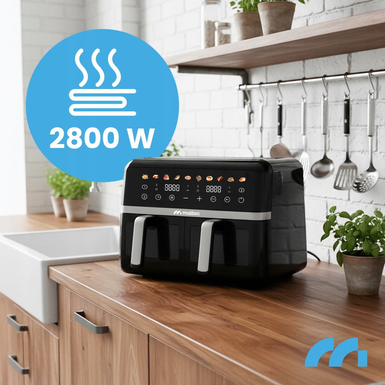 FAT FREE FRYER 10L AIR FRYER TWO CHAMBER FRYER 2800W TRAYS Model Frytkownica MalTec AirFryer2800W-10L