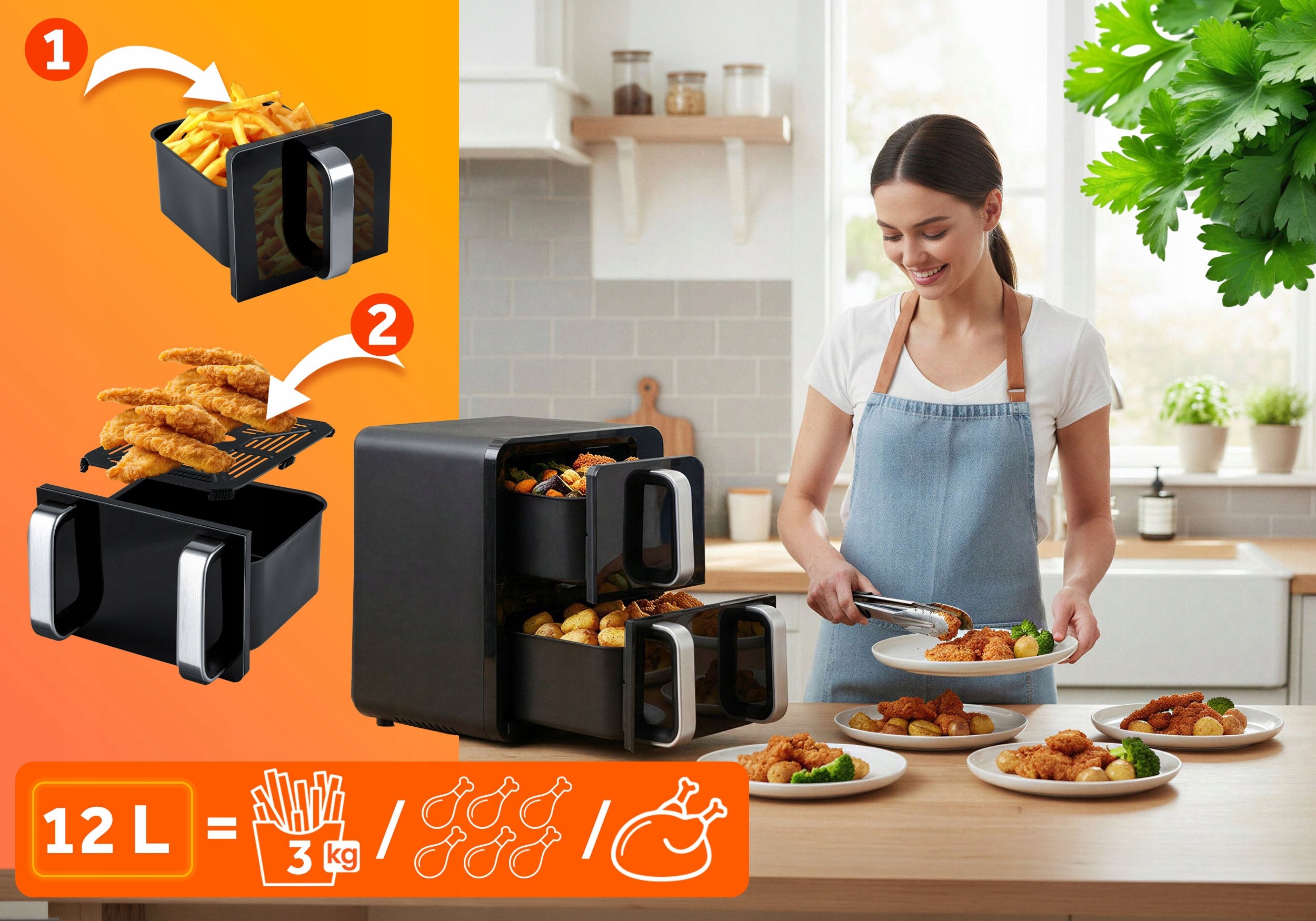 FAT-FREE FRYER TWO-CHAMBER VERTICAL 12l AIR FRYER BERDSEN 2800W Brand Berdsen