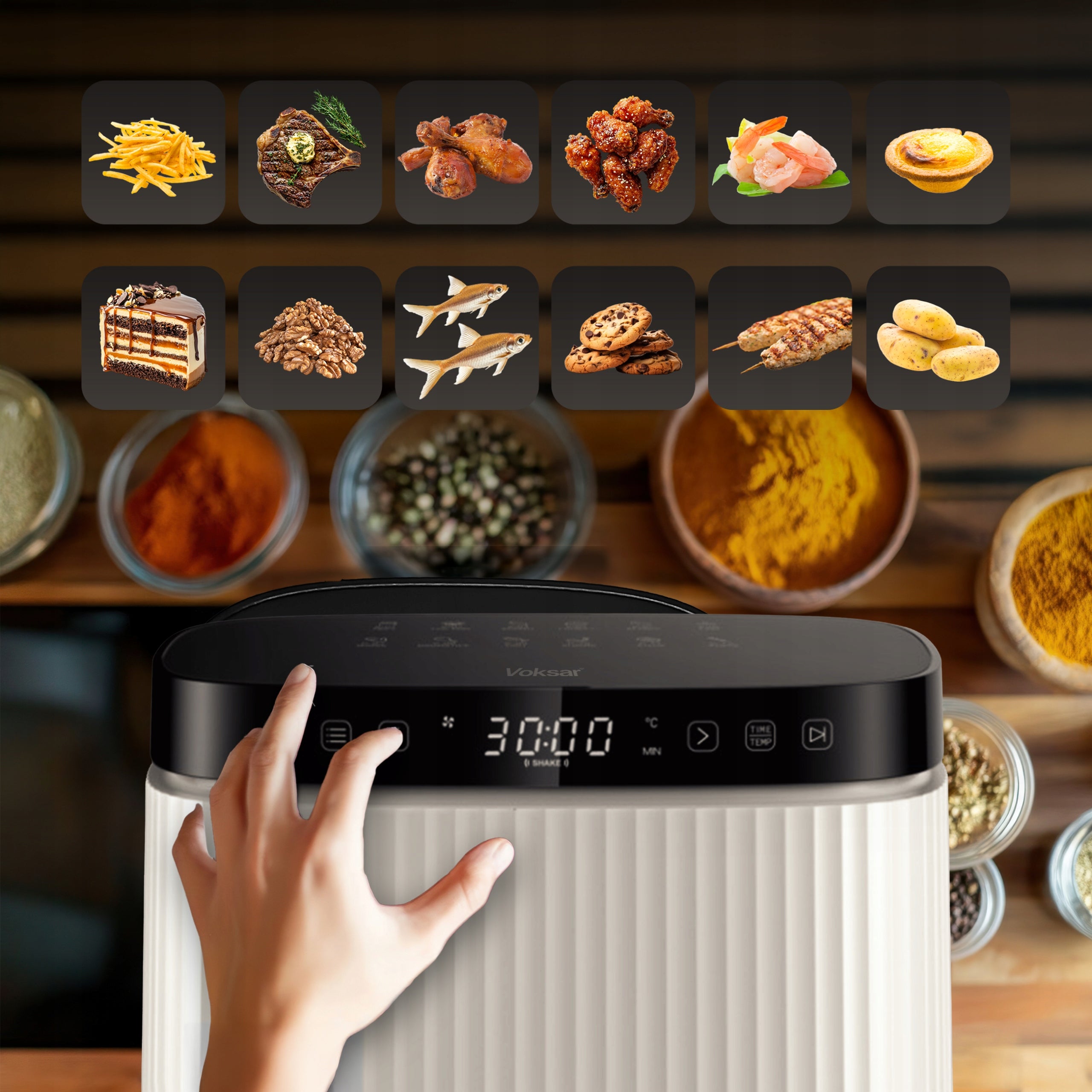 FAT-FREE OIL-FREE AIR FRYER VOKSAR W11 5L 12in1 +RECIPES Dominant color white