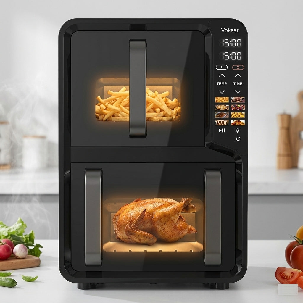 FAT-FREE TWO-CHAMBER VERTICAL AIR FRYER VOKSAR R11 AIR FRYER 13L XXL Dominant color black