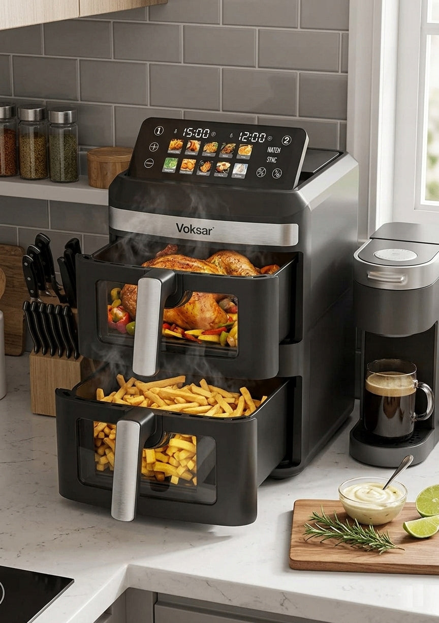 FAT-FREE TWO-CHAMBER VERTICAL AIR FRYER VOKSAR T11 AIR FRYER 12L XXL Bowl volume 12 l