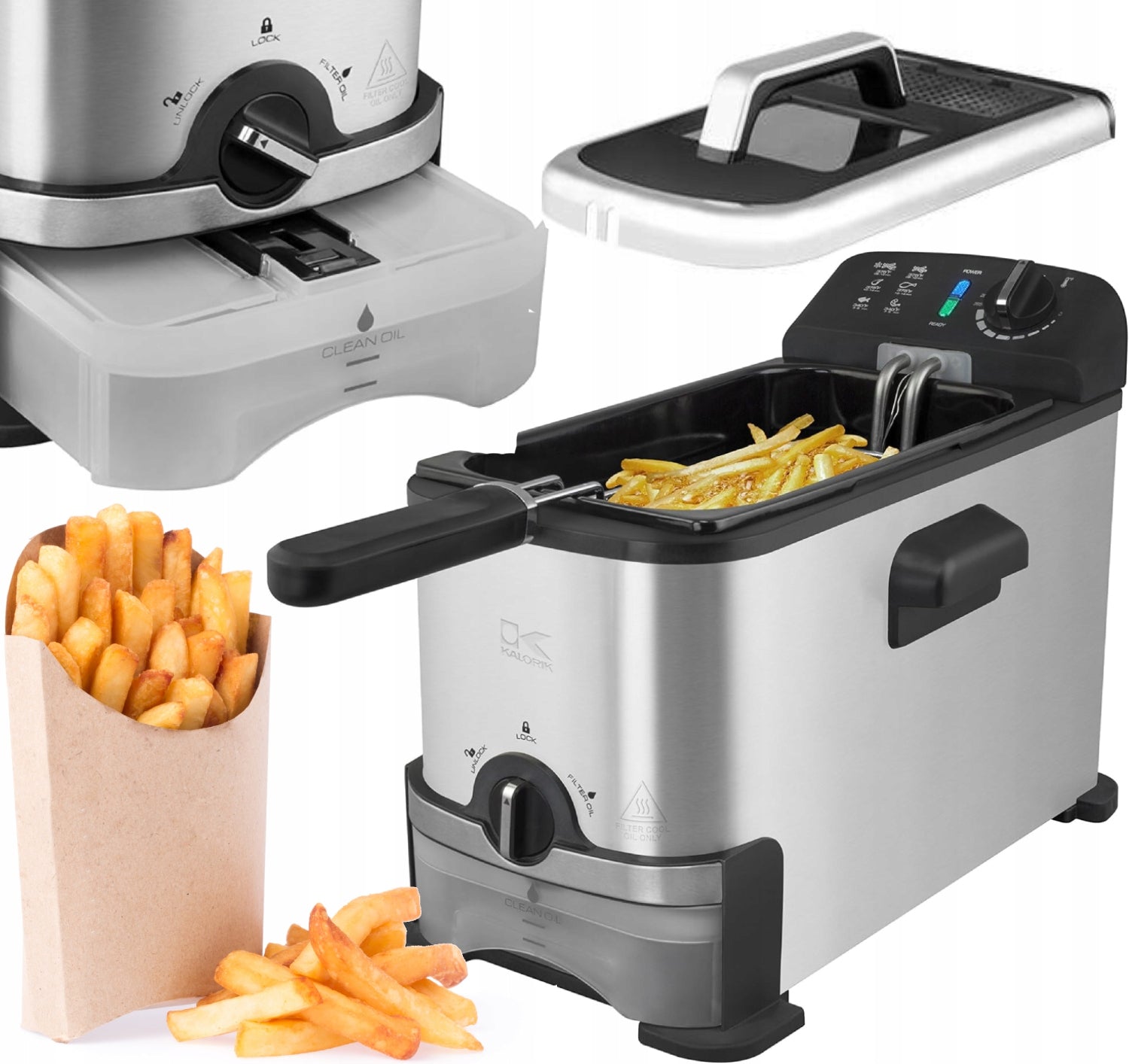 FAT OIL FRYER 3L 2000W THERMOSTAT XL CRUNCHY FRIES FILTER Packaging status original
