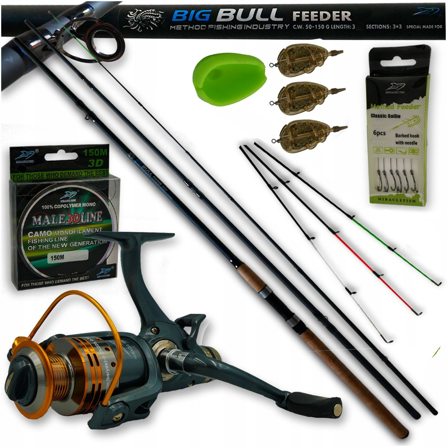 FEEDER SET METHOD FEEDER ROD 3,0 REEL BASKETS RIGS LINE CM Brand Miracle Fish