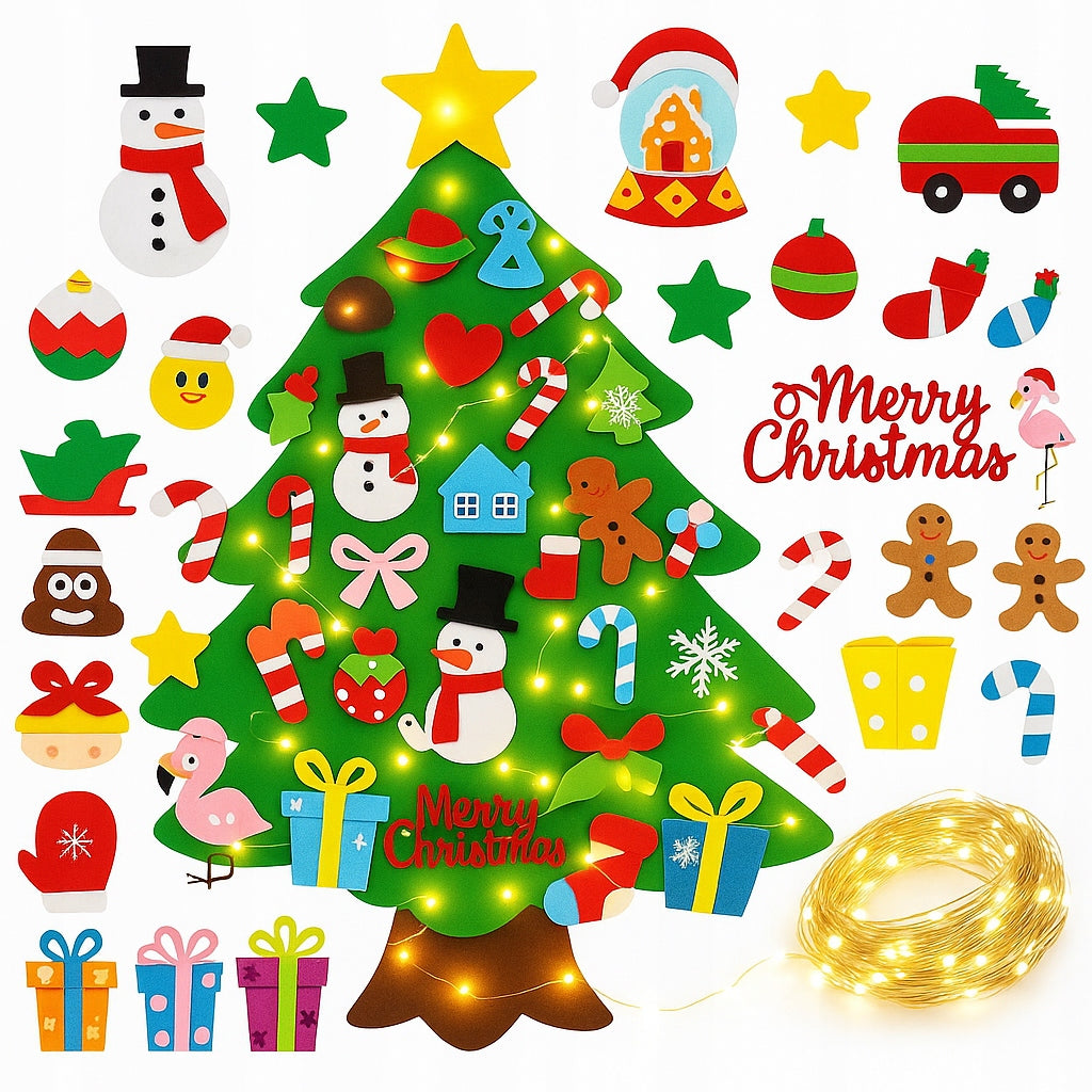 FELT CHRISTMAS TREE WITH VELCRO DECORATIONS FOR CHILDREN 32x + LIGHTS 50LED 105CM Packaging status original