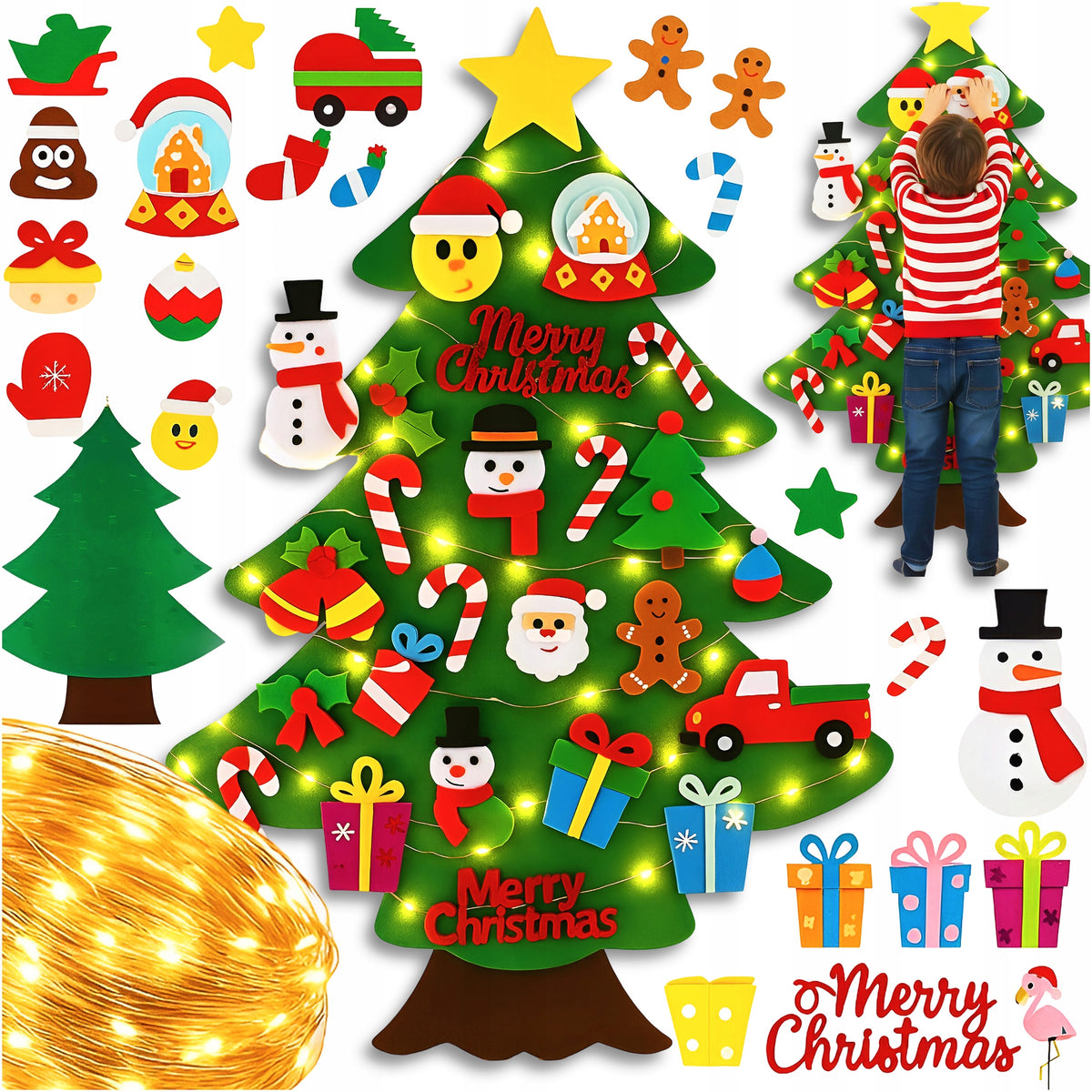 FELT CHRISTMAS TREE WITH VELCRO DECORATIONS FOR CHILDREN 32x + LIGHTS 50LED 105CM