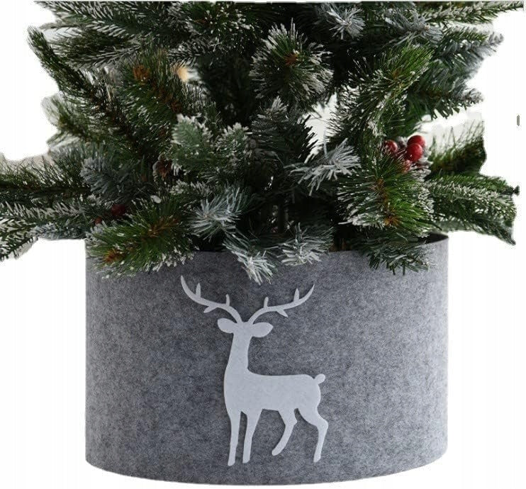 FELT POT COVER CHRISTMAS TREE STAND GREY WITH REINDEER COLLAR S