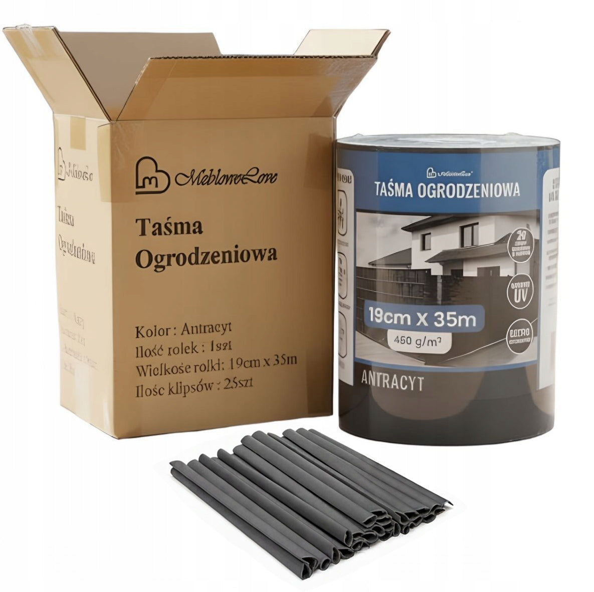 FENCE TAPE ANTHRACITE 19x35 FENCE COVER+UV 25 CLIPS GRAPHITE Packaging status original