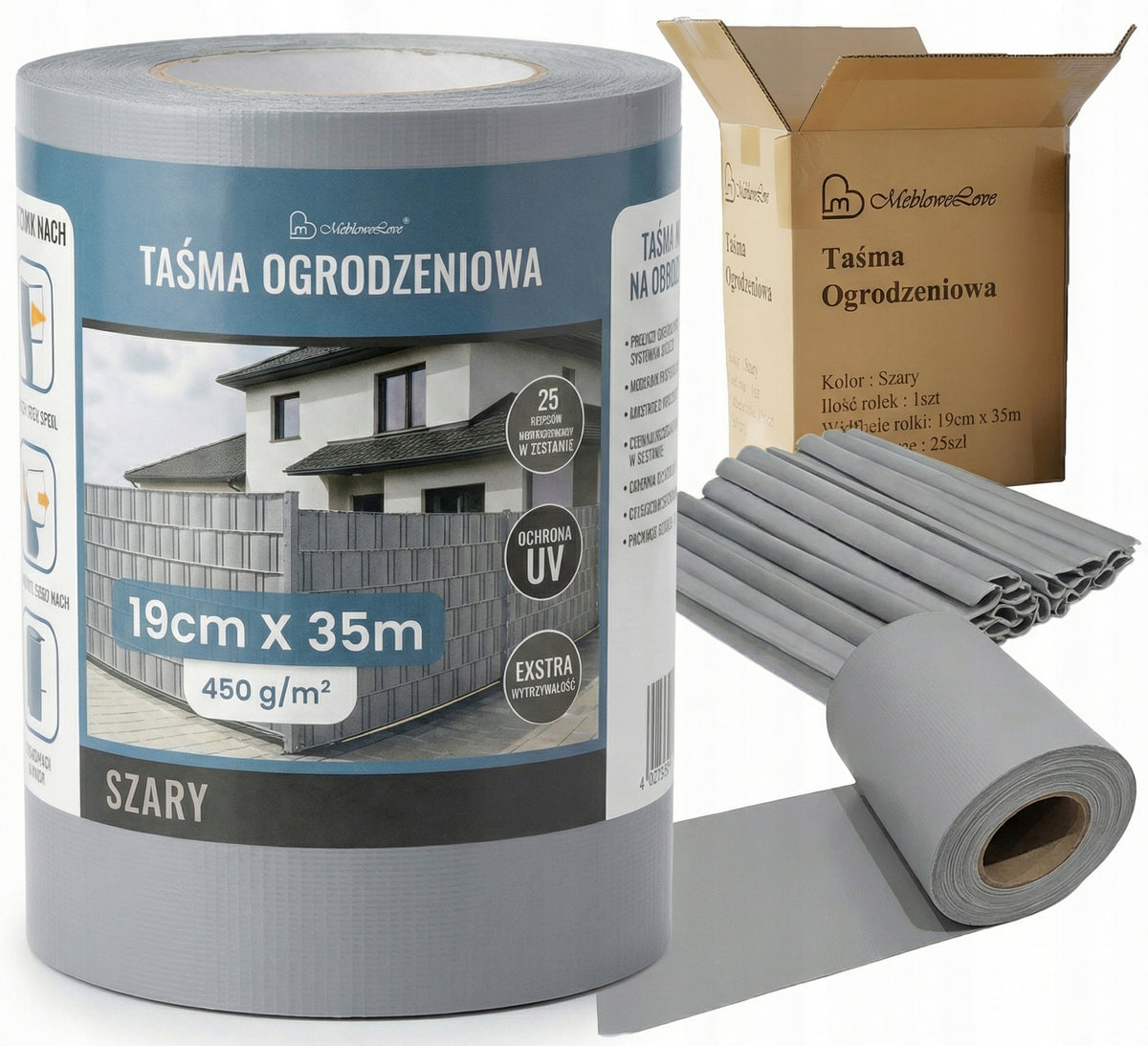 FENCE TAPE GREY 19x35 FENCE COVER + UV 25 CLIPS GREY