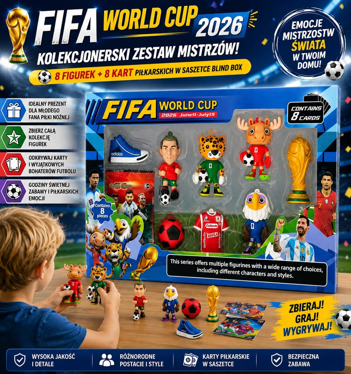 FIFA World Cup Figurines 2026 8 Pcs + 8 Football Cards Collectible Packaging status original