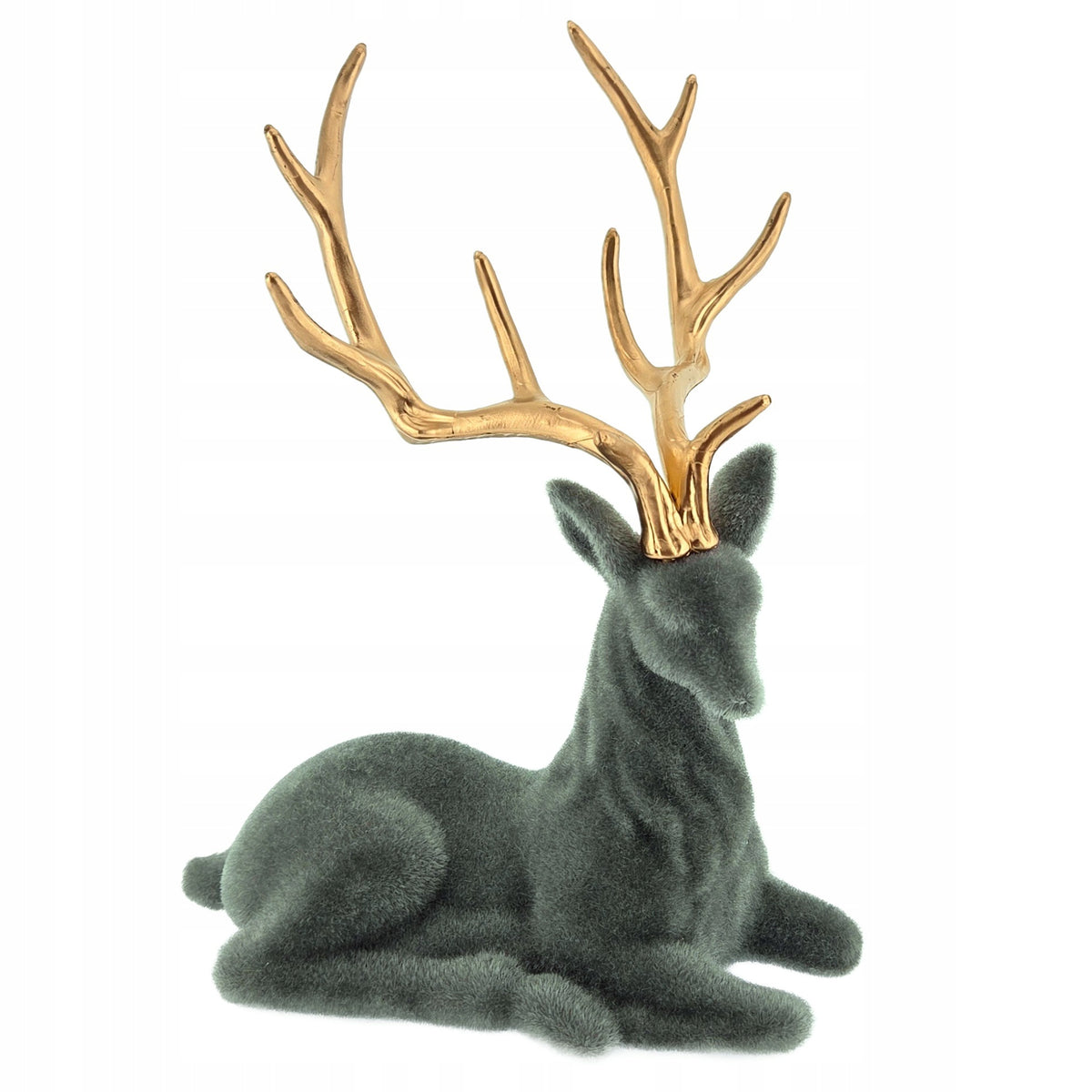 FIGURINE DEER REINDEER FLOCKED ORNAMENT REED DECORATION GREY SITTING