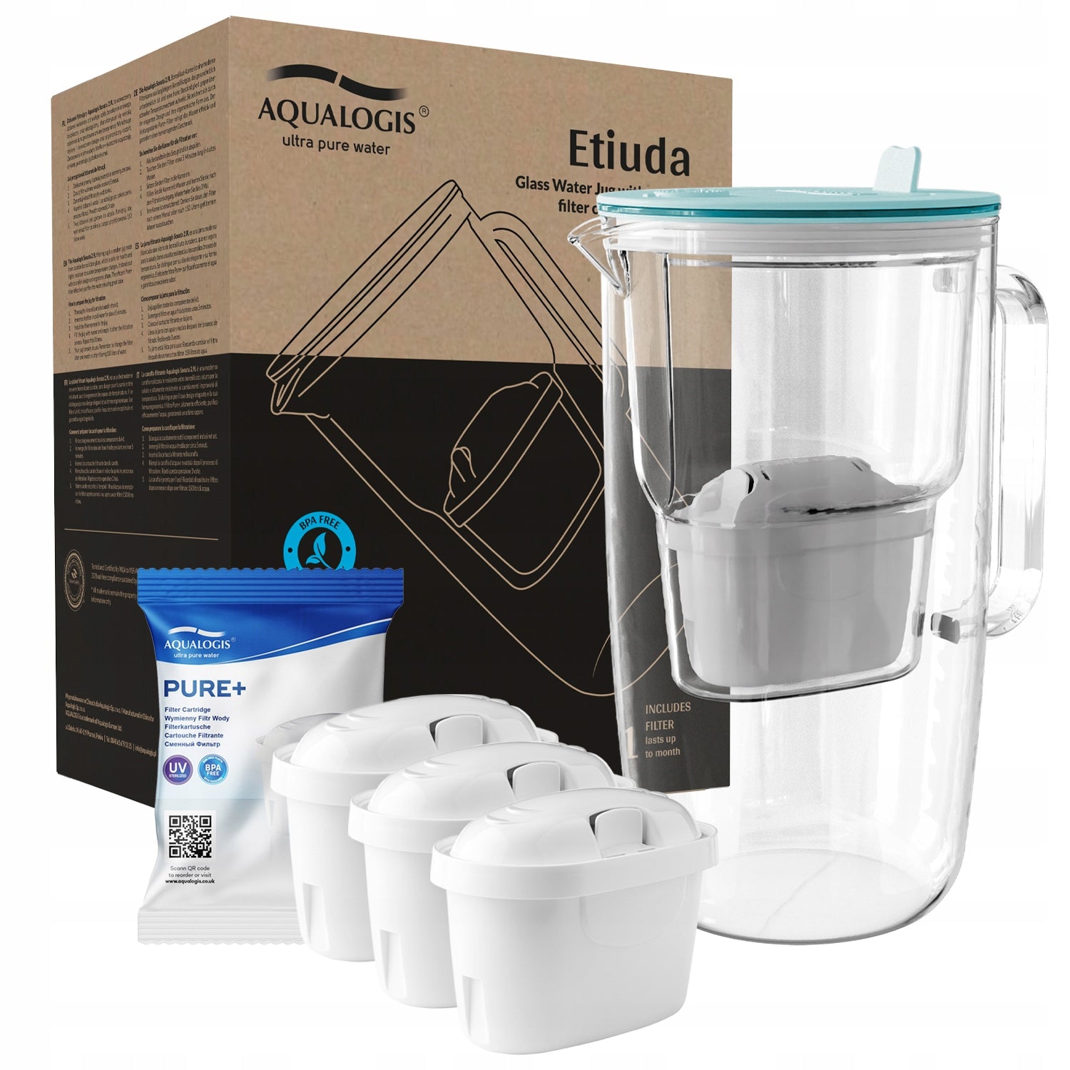 FILTER JUG GLASS WATER FILTERS Etude AQUALOGIS + 3 Pure+ cartridges