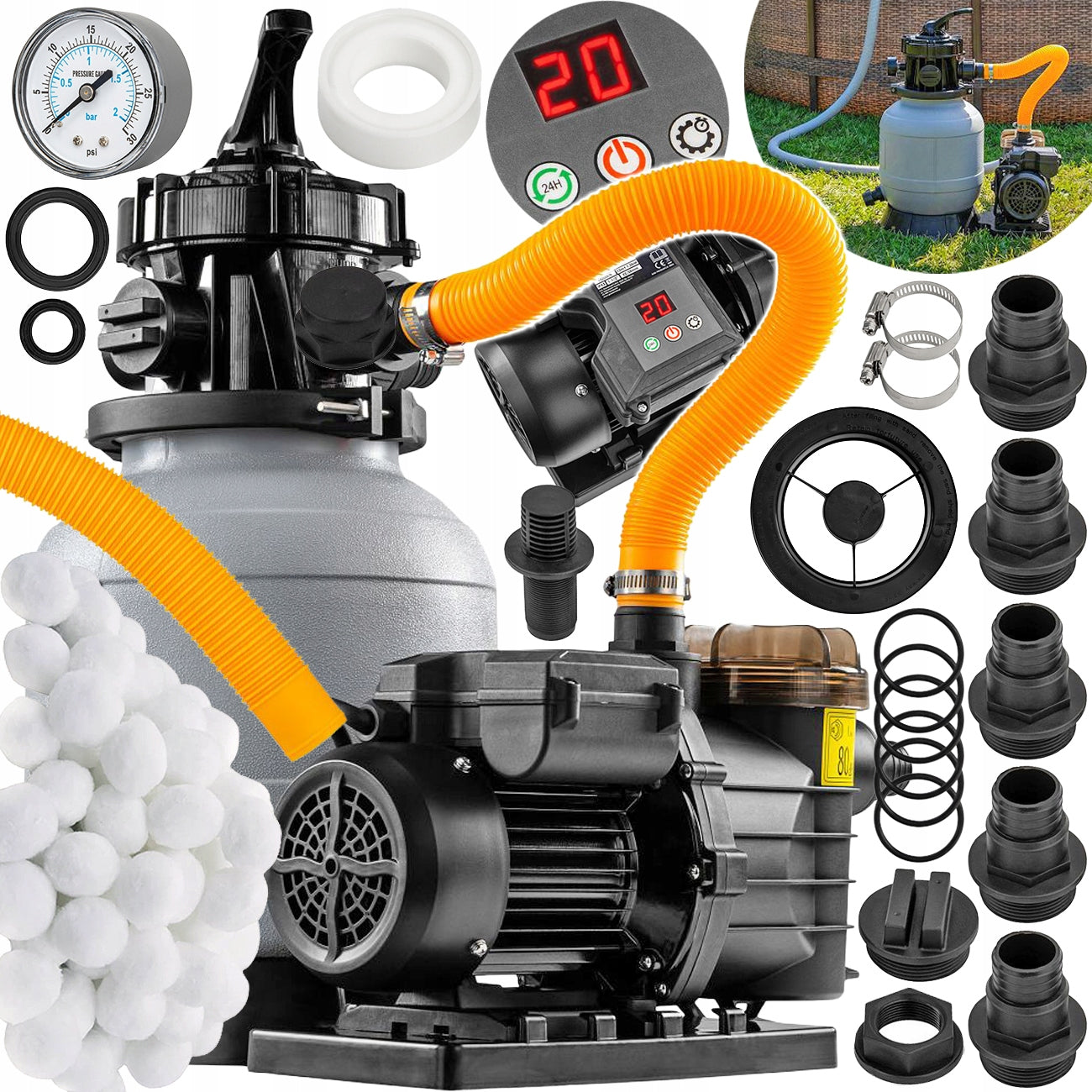 FILTER SAND PUMP FOR POOL 13200 l/h LCD TIMER FILTER + BALLS 500G