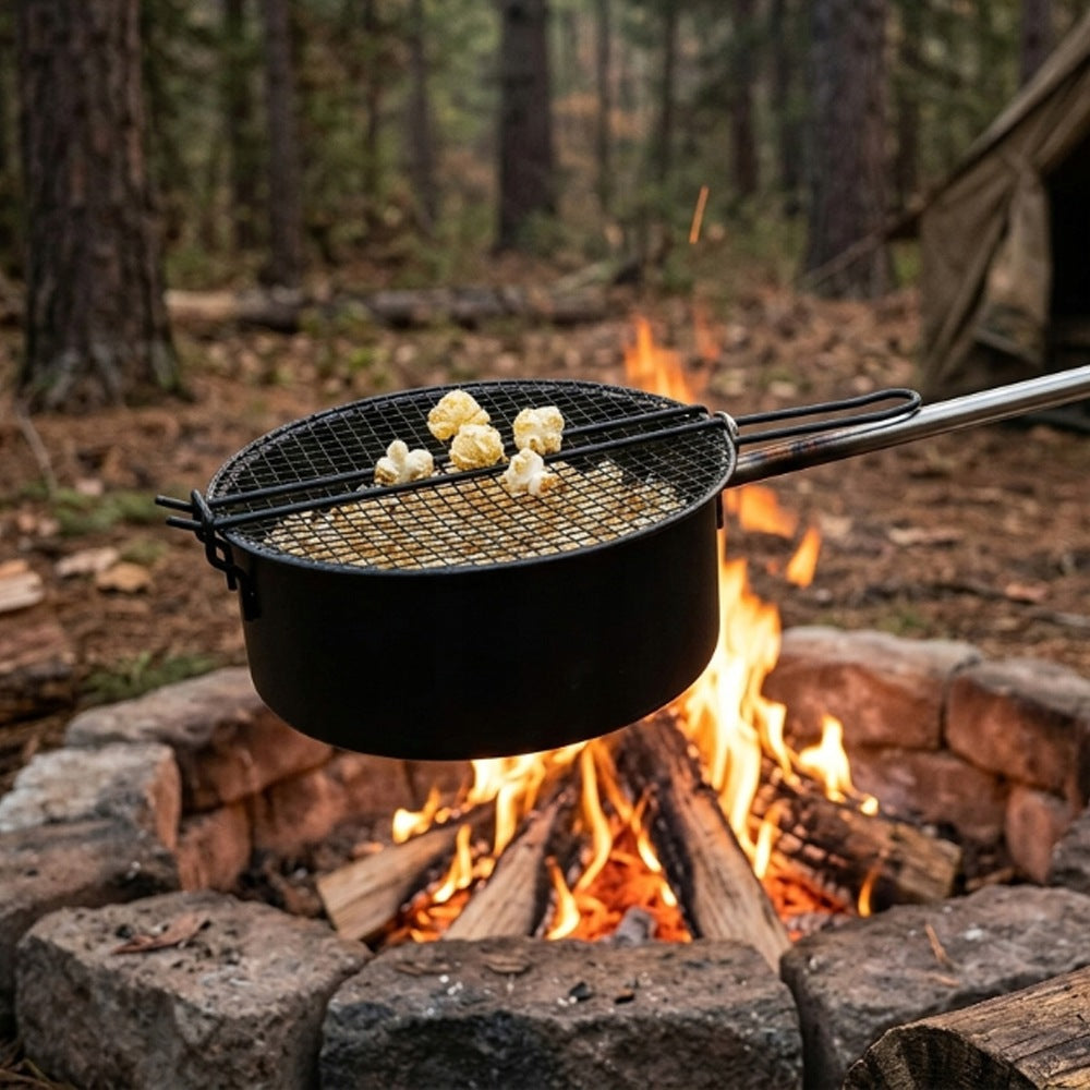FIRE PIT POPCORN PAN GRILL CARBON STEEL LONG HANDLE NON-STICK Dominant color black