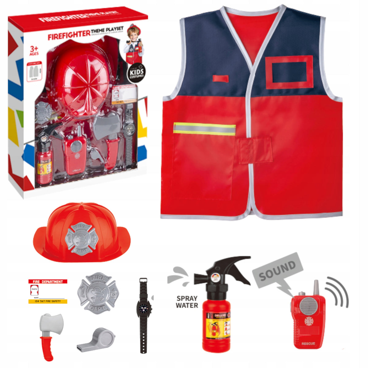 FIREFIGHTER SET FOR KIDS Costume Vest Fire Extinguisher Helmet Accessories 3+