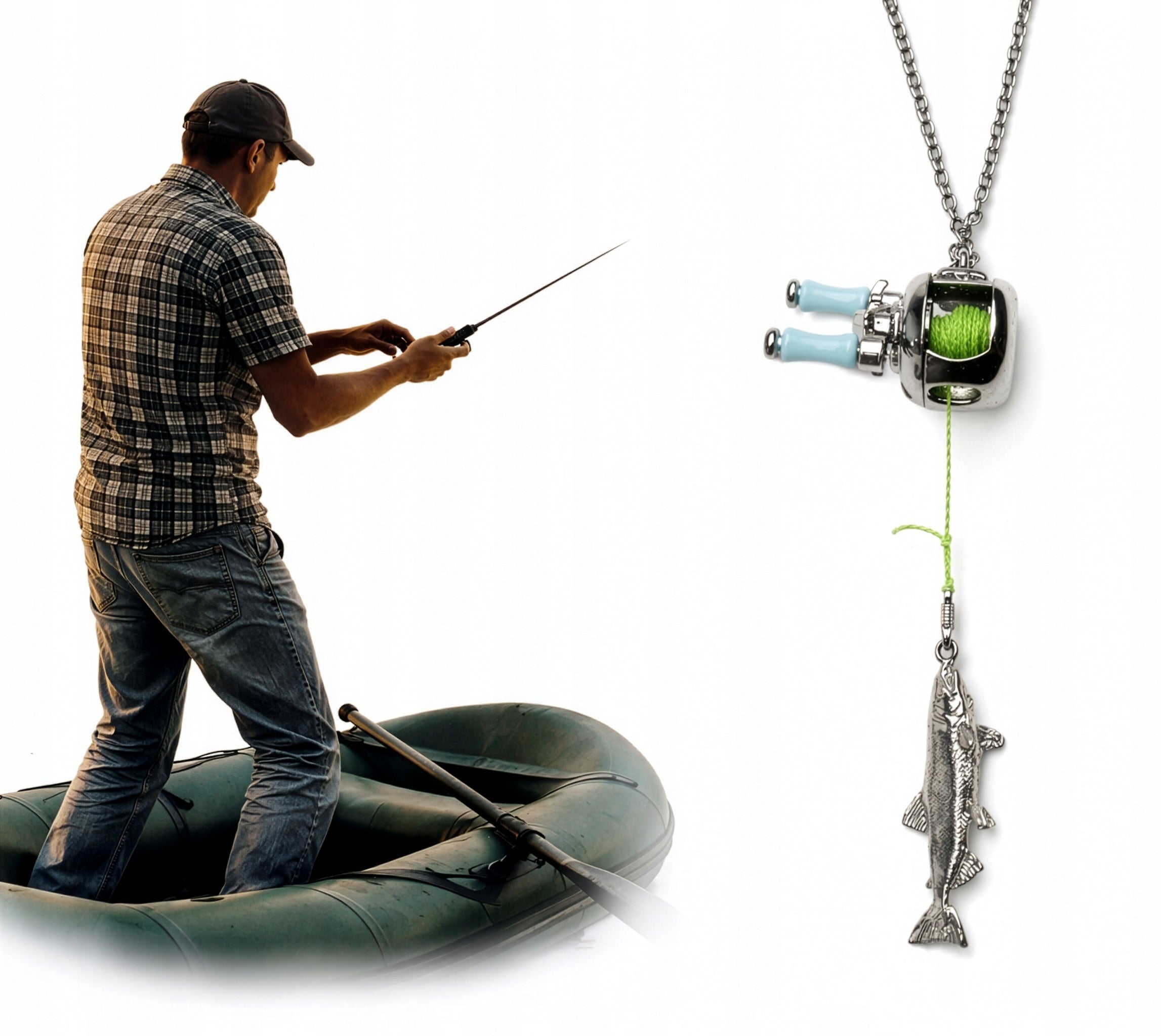 FISHING FISHERMAN NECKLACE FISHING ROD REEL IN GIFT BOX