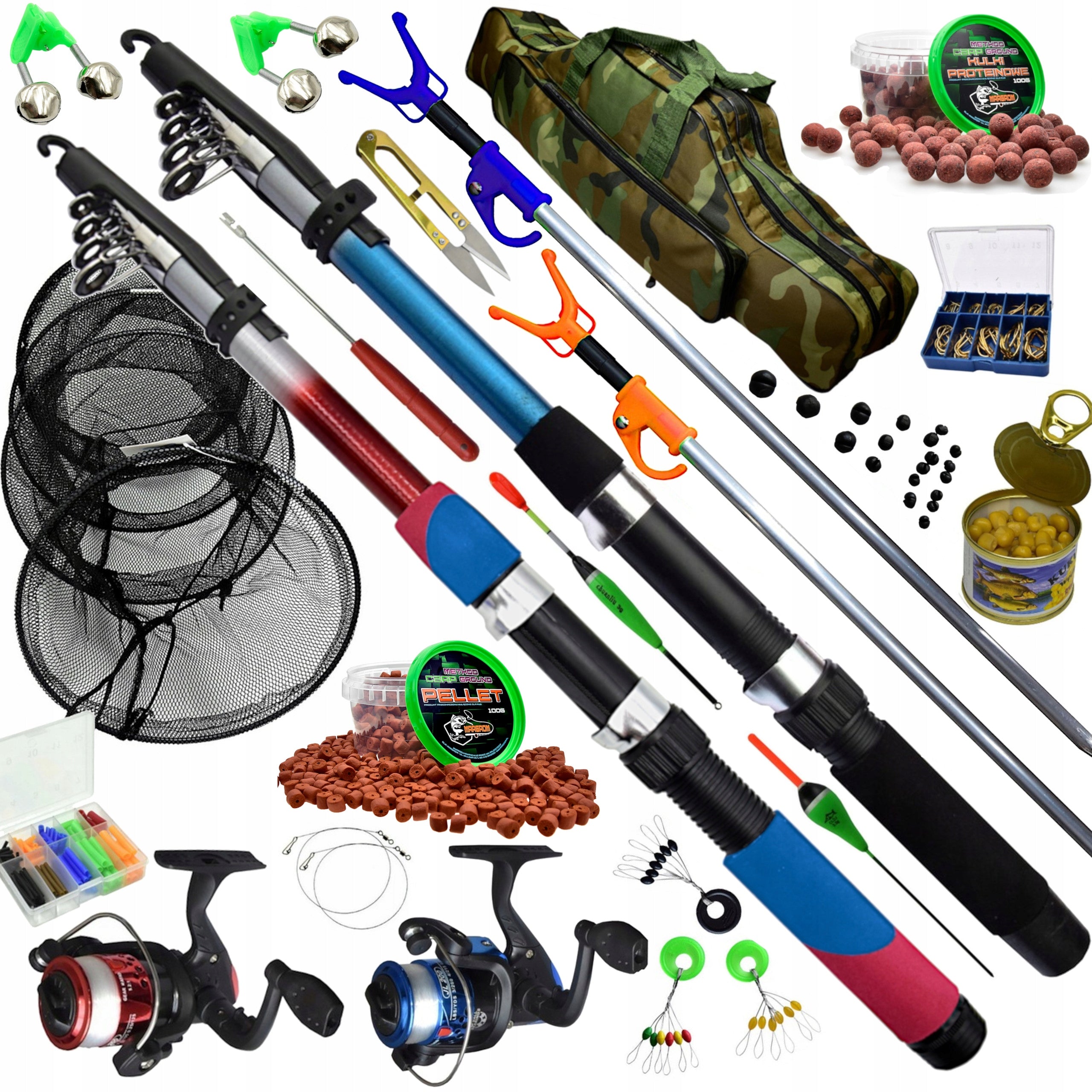 FISHING SET 2x Fishing Rod 2x Reel BAG Mesh Supports Pellet Akceso