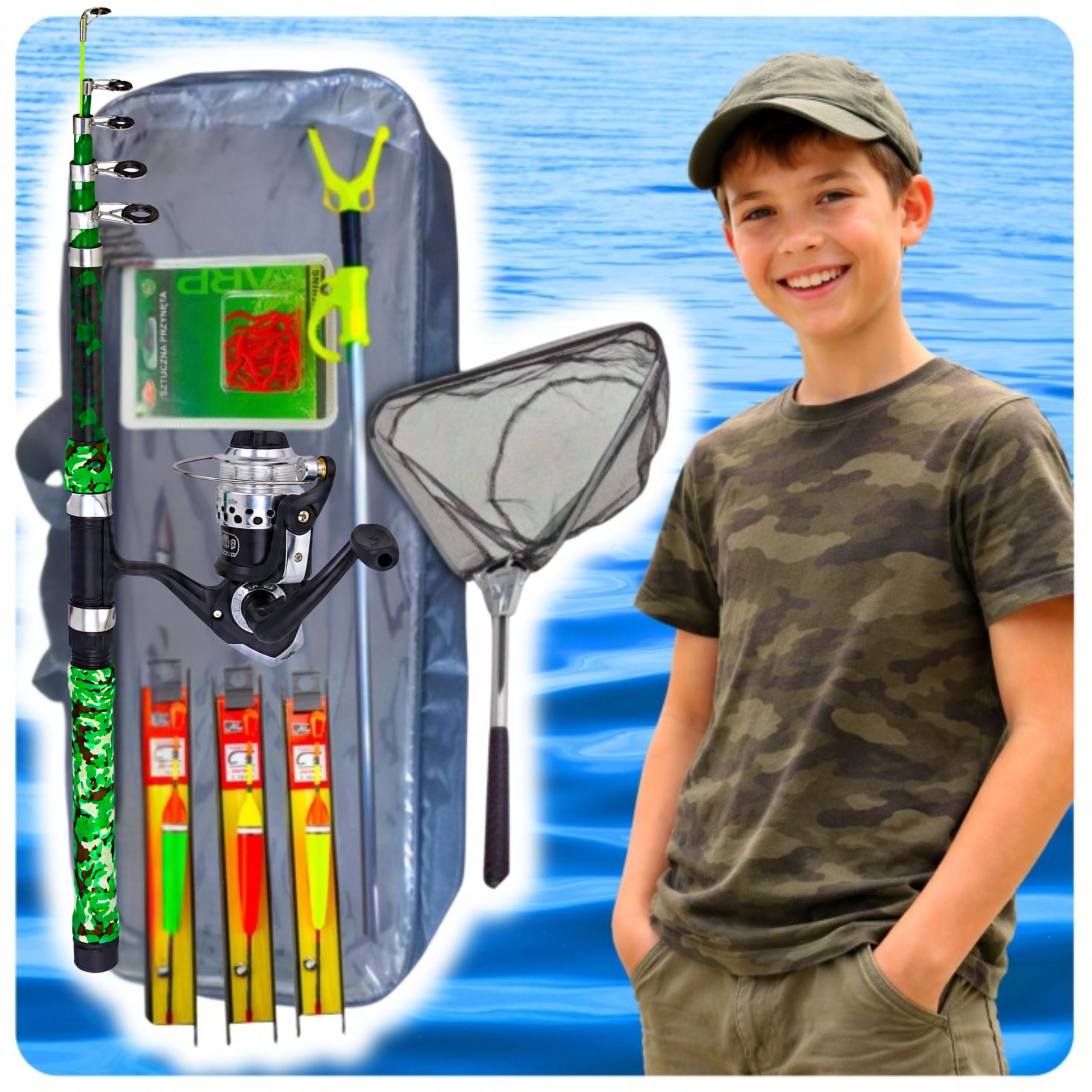 FISHING SET FOR CHILDREN GREEN FLOAT ROD FOR BEGINNERS Packaging status original