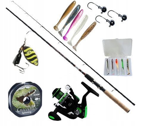 FISHING SET PERCH SPINNING ROD FISHING LINE JAXON REEL BAIT MIKADO
