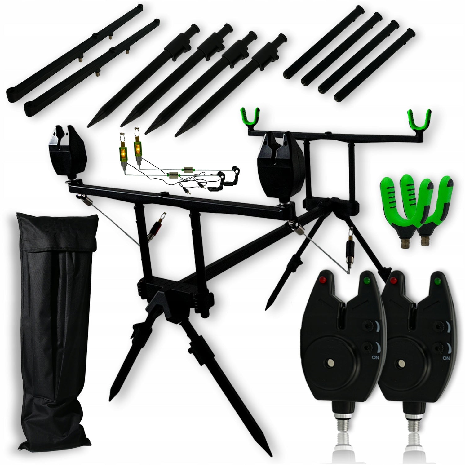 FISHING TRIPOD ROD FOR CARP STAND 2x BEACON 2x SWINGER