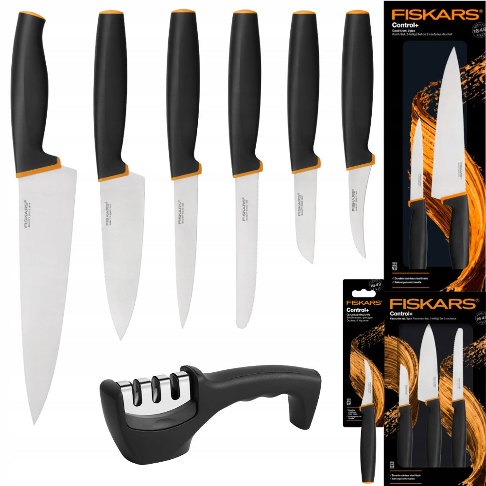 FISKARS CONTROL+ Set of 6 kitchen knives + 3in1 universal sharpener