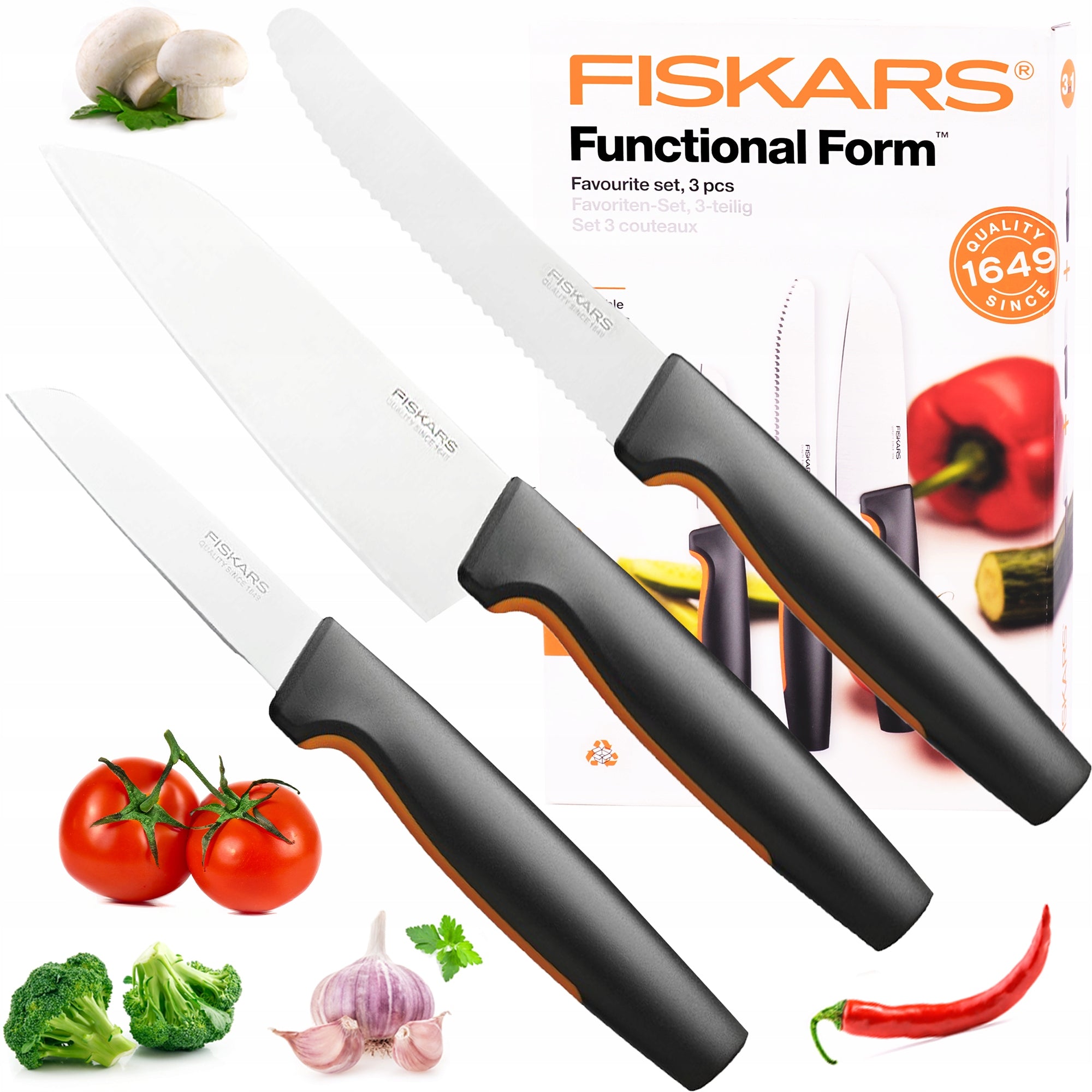 FISKARS SET OF 3 KNIVES KNIFE FOR PEELING VEGETABLES FRUIT CHEF