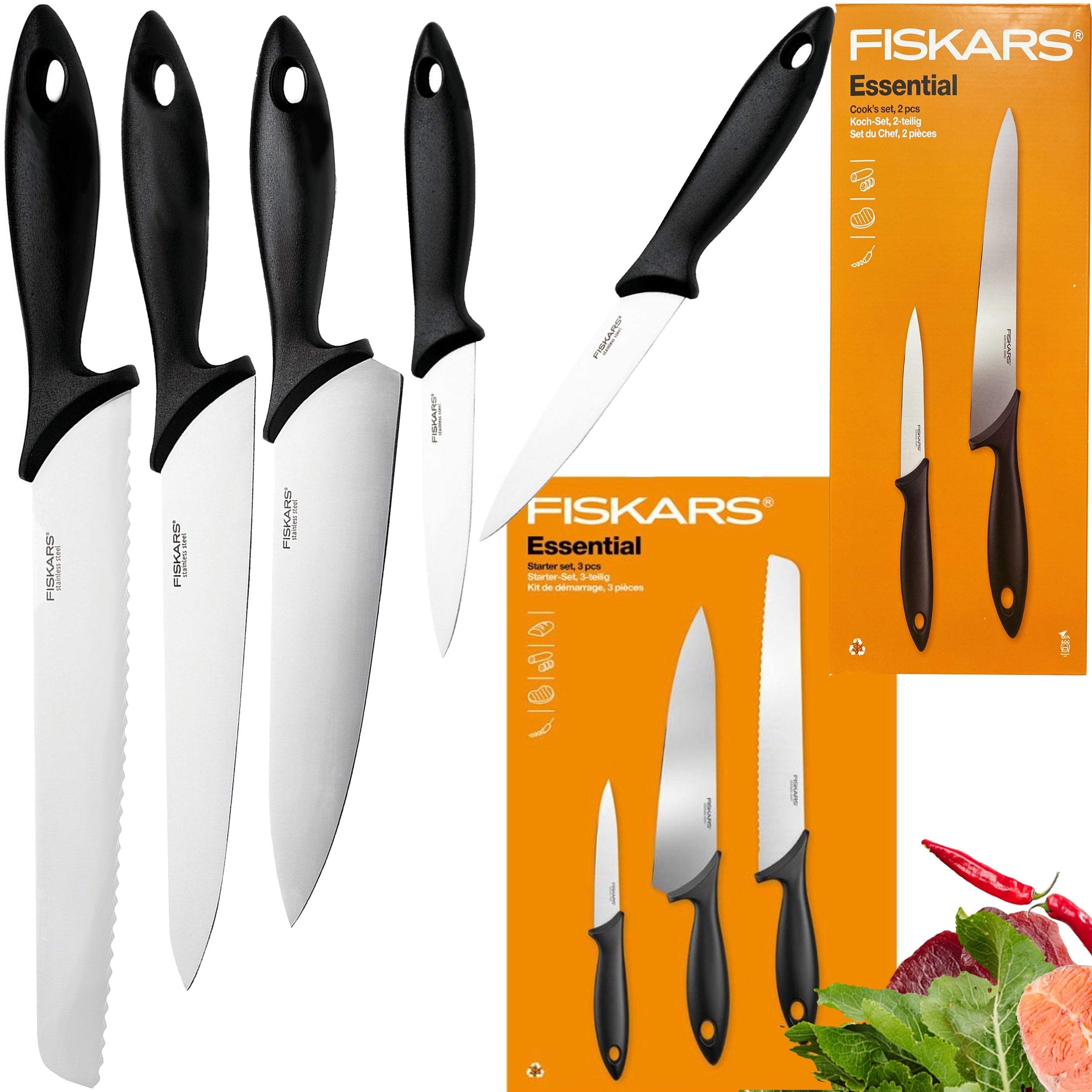 FISKARS SET OF 5 KITCHEN KNIVES FOR CHOPPING CUTTING SHARP BOSS