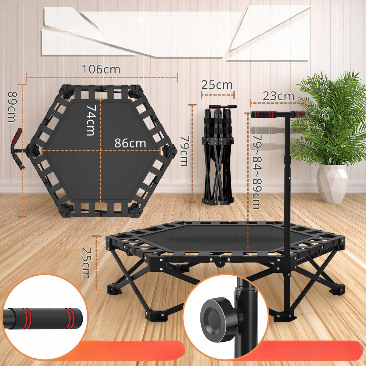 FITNESS TRAMPOLINE WITH ADJUSTABLE HANDLE UP TO 150KG 106CM Brand ONETWOFIT