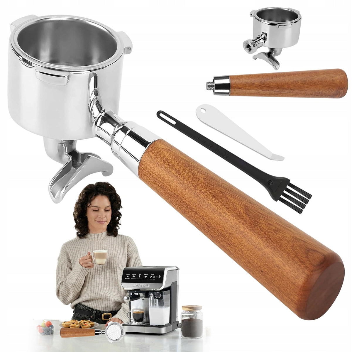 FLASK PORTAFILTER 51MM FOR DE'LONGHI DEDICA SMEG ECF01 STRAINER STEEL WOOD