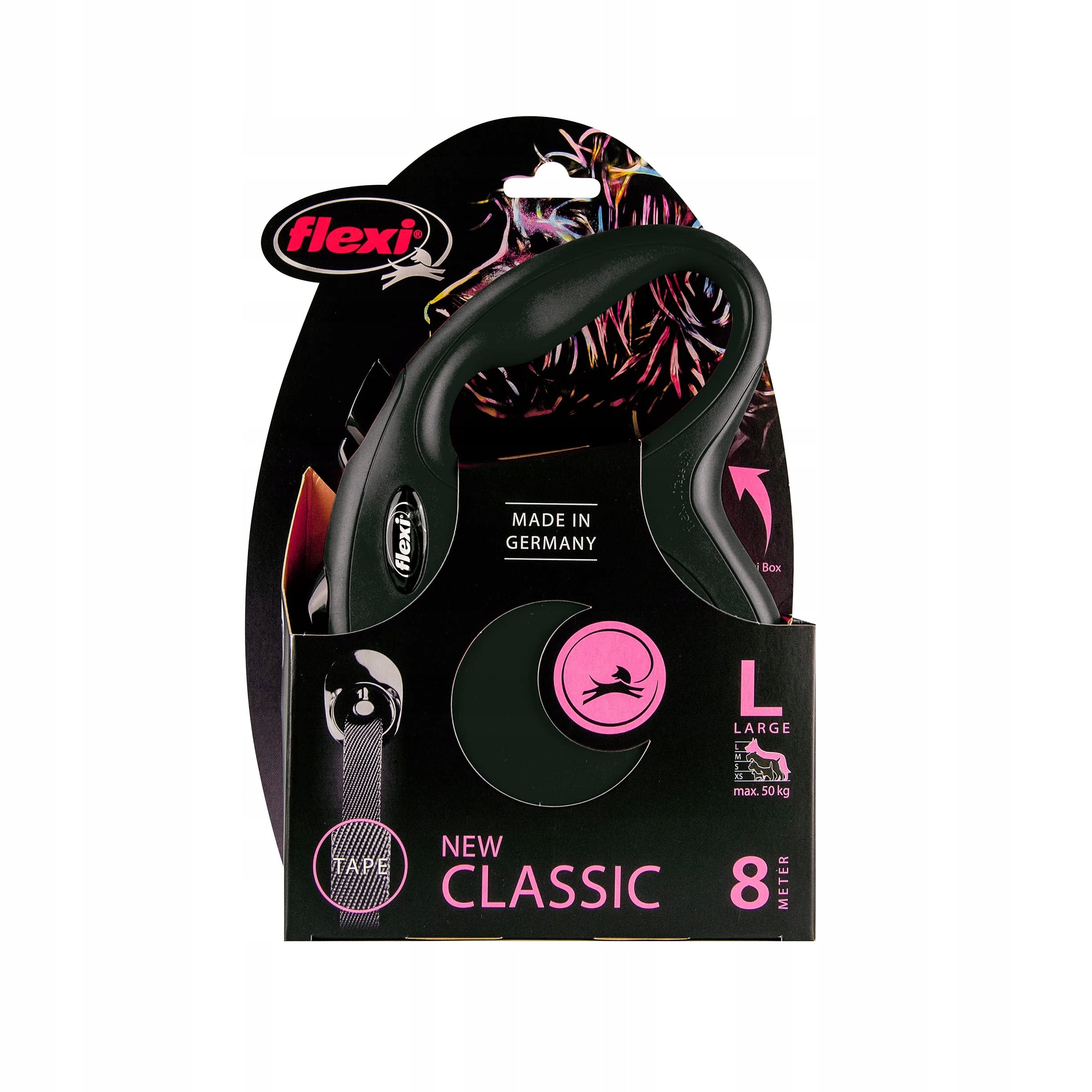 FLEXI Automatic leash New Classic L tape 8 m black for dogs up to 50kg