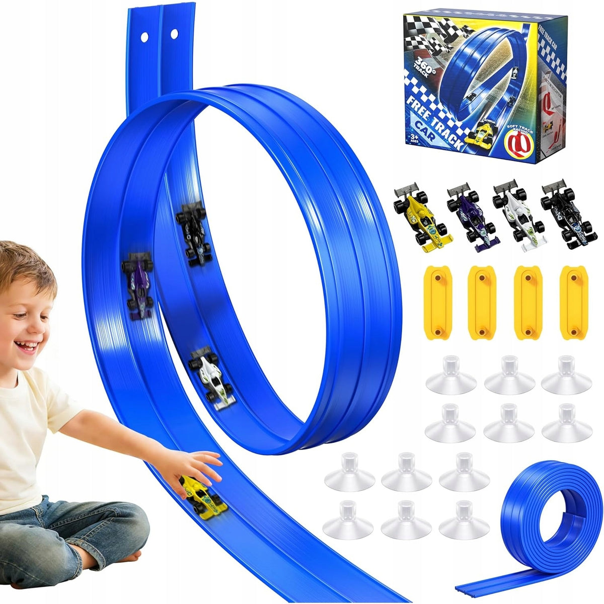 FLEXIBLE RACE TRACK FOR CHILDREN 4M SET OF 4 CARS 12 SUCTION CUPS Packaging status original